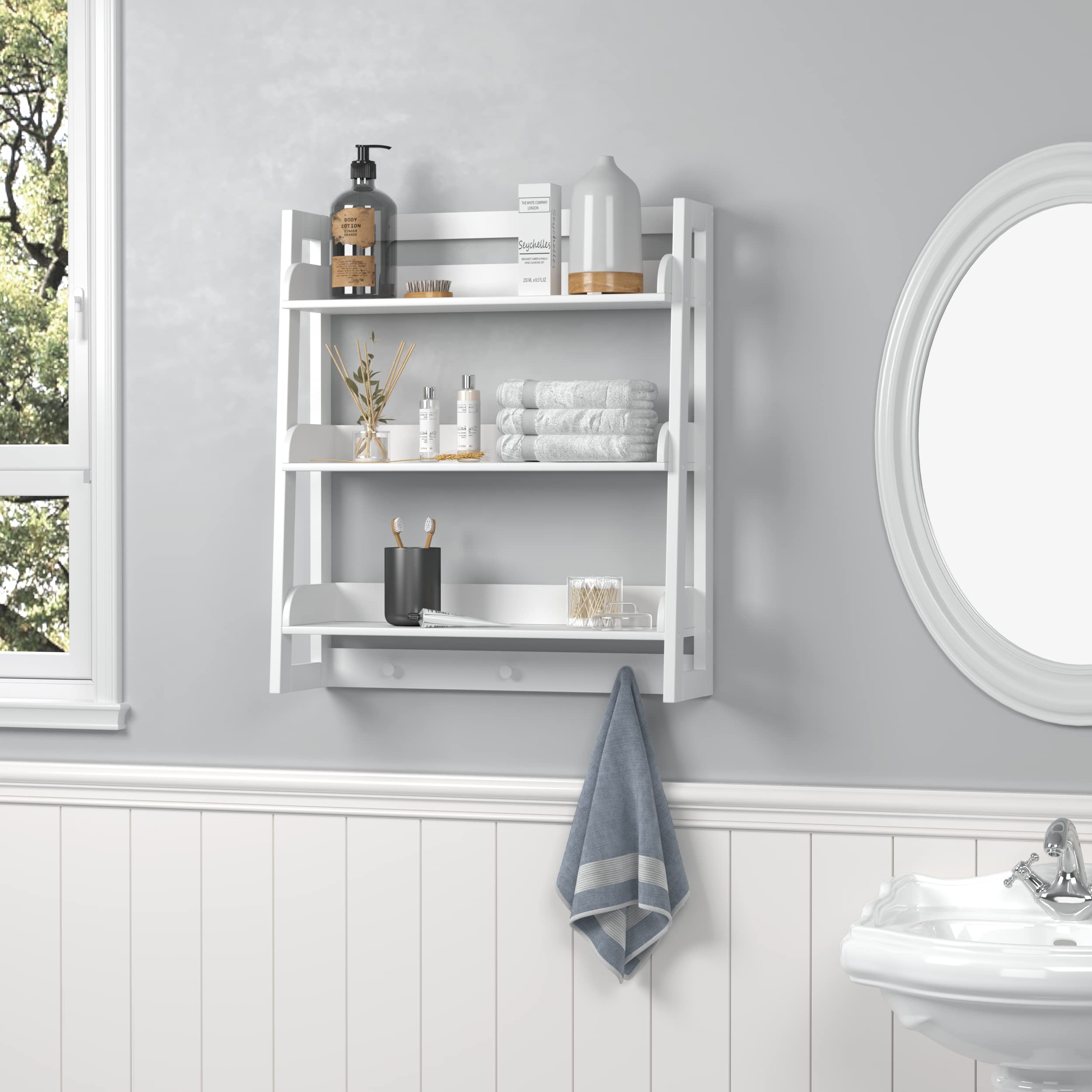 UTEX 3-Tier Over Toilet Storage Shelf Organizer - White Bathroom Wall Mount Shelf with Hooks for Towels & Toiletries | Space Saving Bathroom Organization Solution for Small Spaces