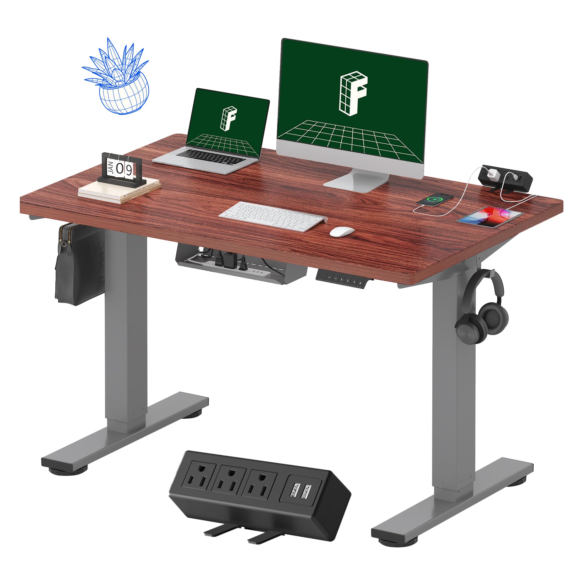 FlexiSpot EN2 Electric Standing Desk 48 x 30 Inches - Height Adjustable Whole-Piece Stand Up Desk with Clamp Power Strip & Cable Management (Gray Frame, Mahogany Top) - Perfect for Home Office, Gaming Setup & Workspace Ergonomics