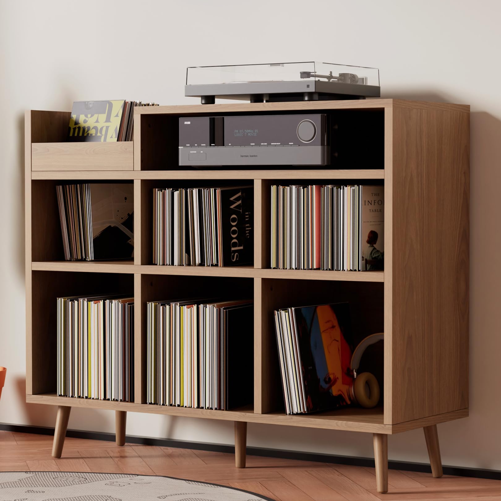 Cozy Castle Record Player Stand - Vinyl Storage Shelf for 500+ Albums, Turntable Cabinet with Power Outlet & Sideboard Storage - Perfect for Living Room, Home Theater & Music Room Decor - Brown