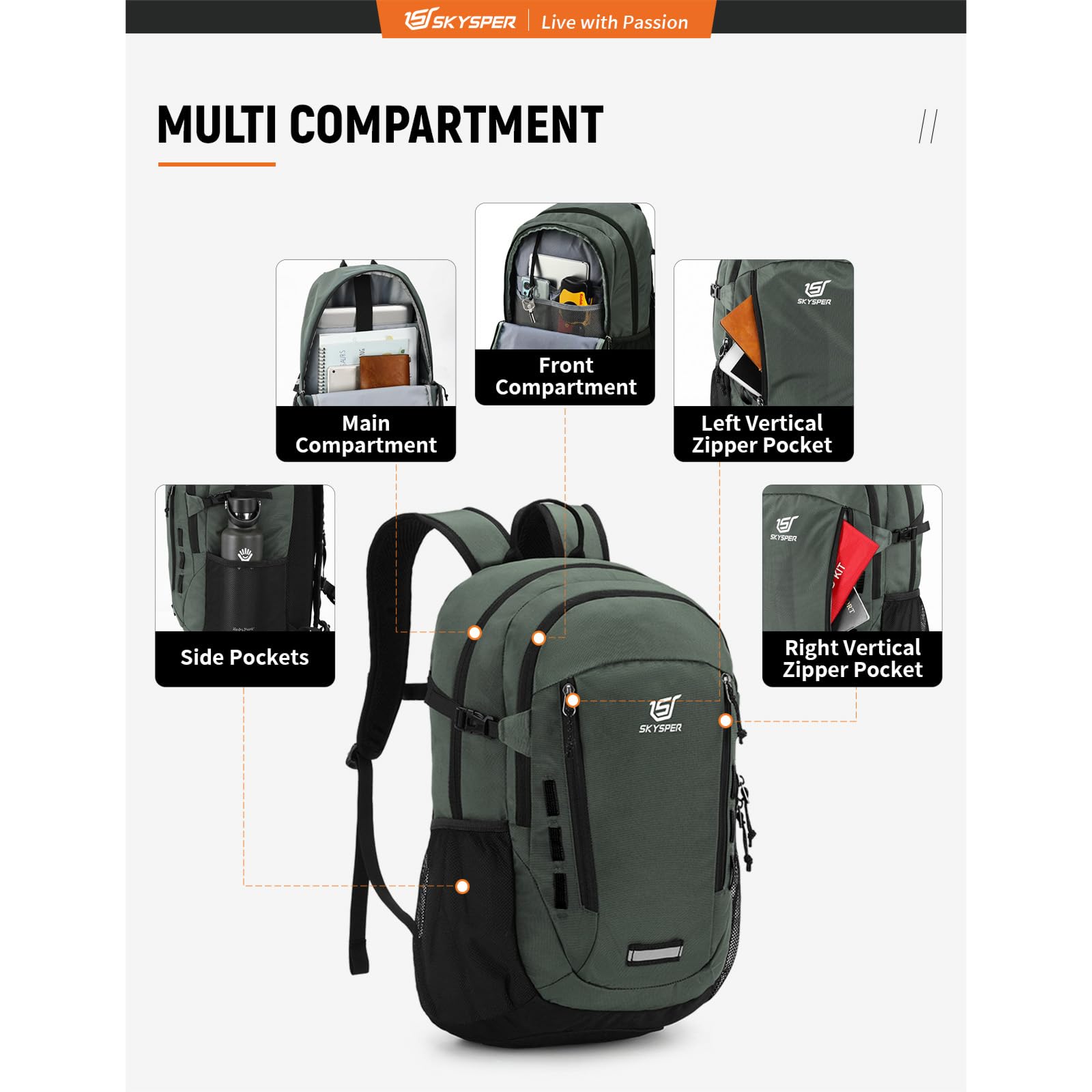 SKYSPER 30L Lightweight Hiking Backpack - Waterproof Travel Daypack for Men & Women (Green) | Perfect for Outdoor Adventures, Camping & Daily Commute