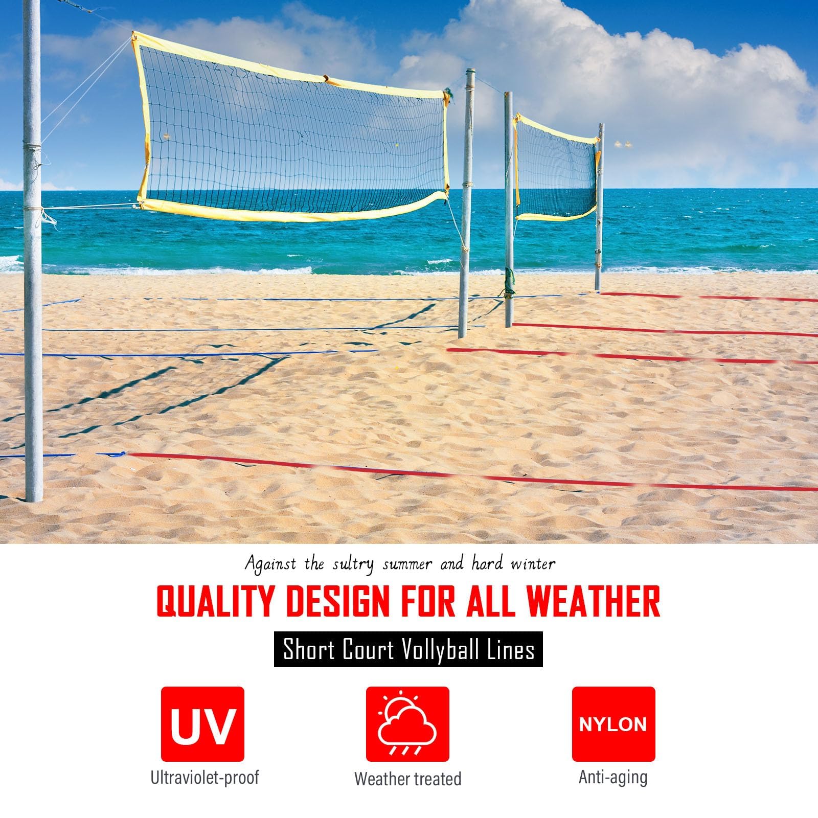 Professional Beach Volleyball Boundary Lines - 2 Inch Wide, High Visibility All-Weather Sand Court Markers with Stainless Steel Anchors & Sand Bags (Official 30'x60' & Short 26.3'x52.6' Court Sizes) - Perfect for Backyard Games, Tournaments & Beach Sports Training