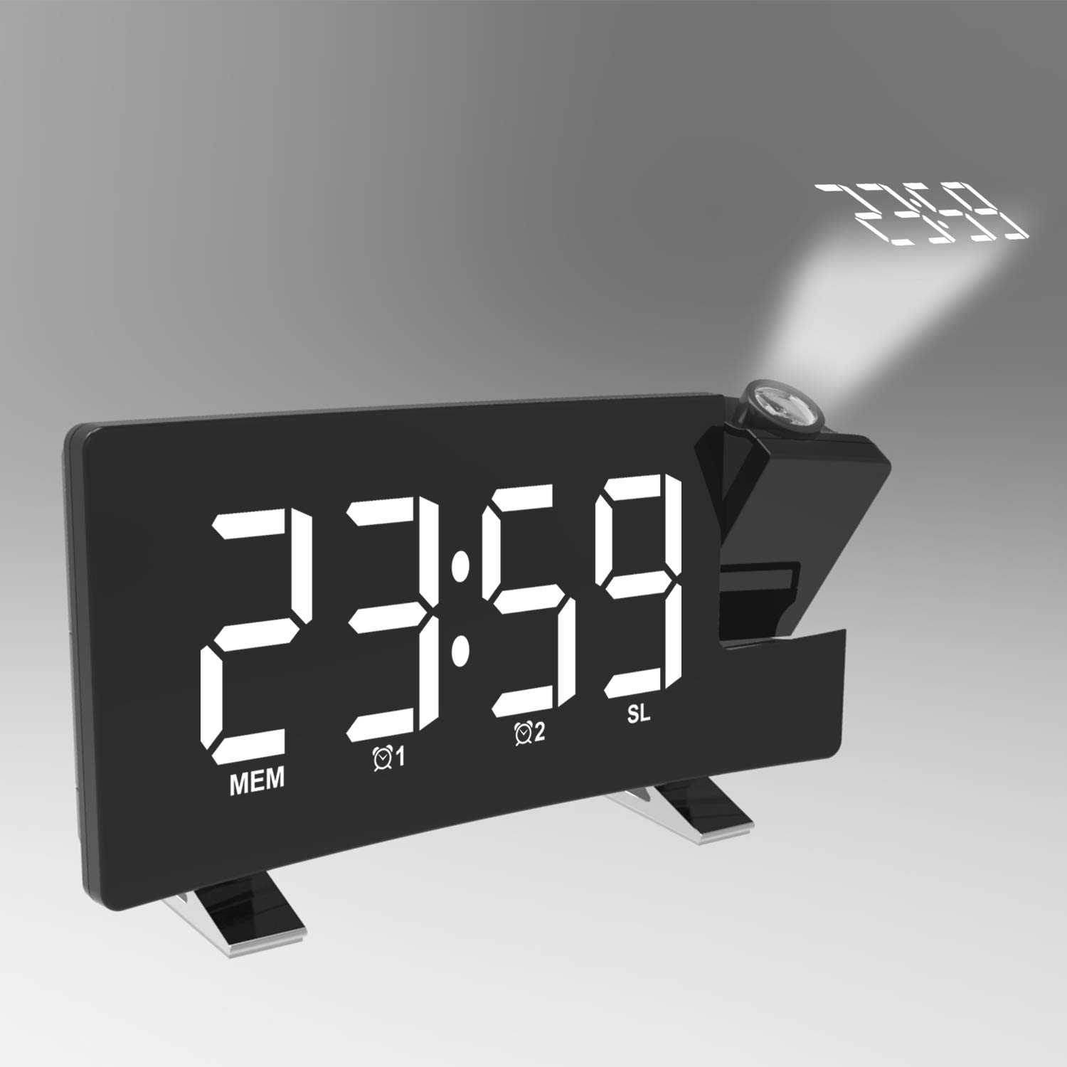 3H Digital Projection Alarm Clock with FM Radio, USB Charger, Dual Alarms, 5