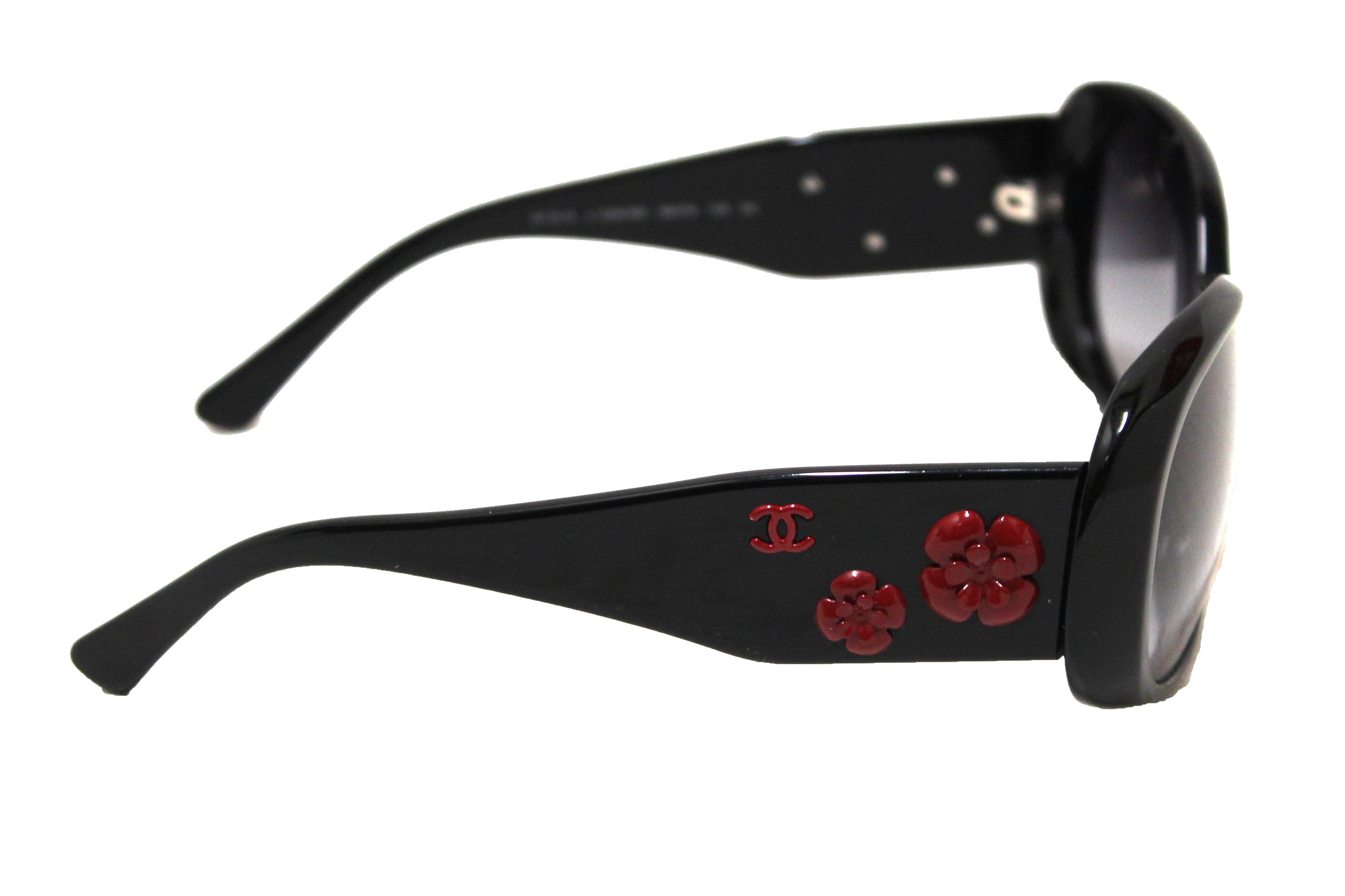 Authentic Chanel Black Oval Sunglasses with Red Camellia Flower Design - Luxury Fashion Accessory for Women, Perfect for Beach, Vacation & Summer Outfits