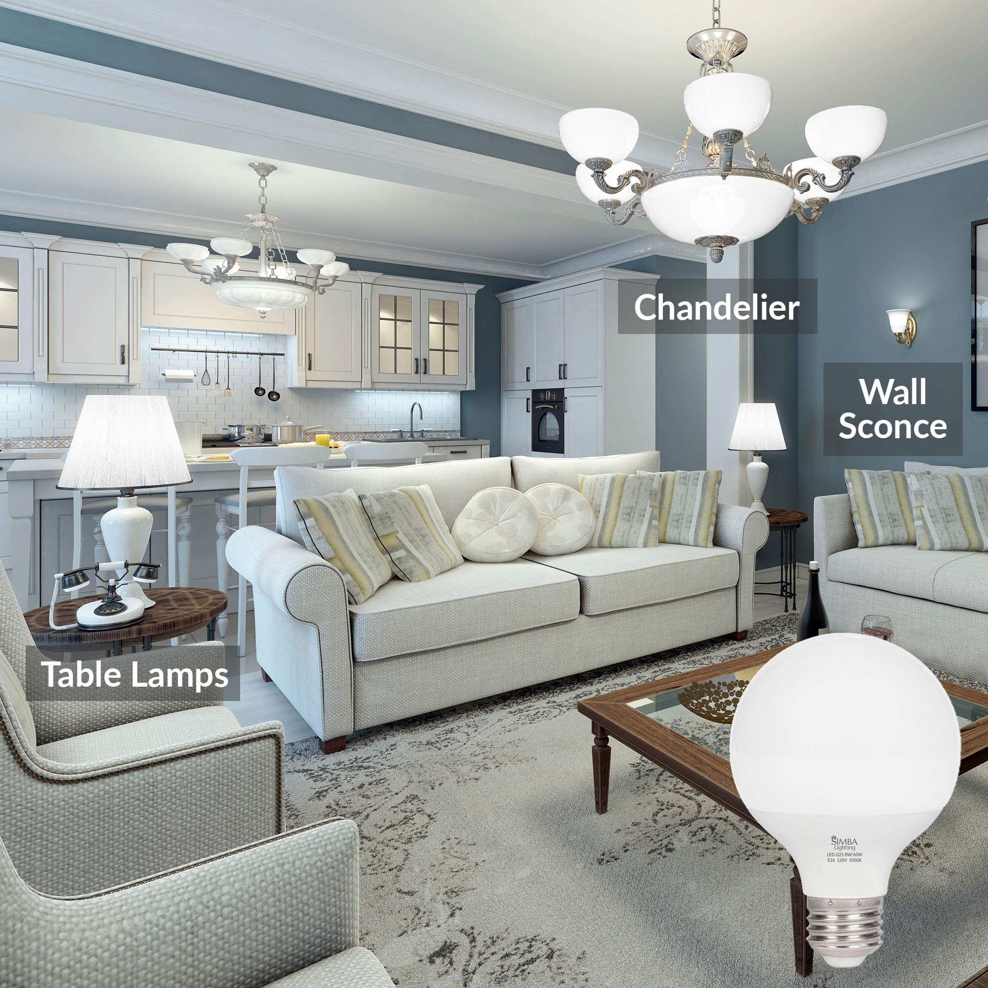 Simba Lighting LED Vanity Globe G25 (G80) Light Bulb - 8W (60W Equivalent), 5000K Daylight, Frosted White, E26 Medium Base, 120V - Perfect for Bathroom, Makeup Mirror & Decorative Lighting (Pack of 3)