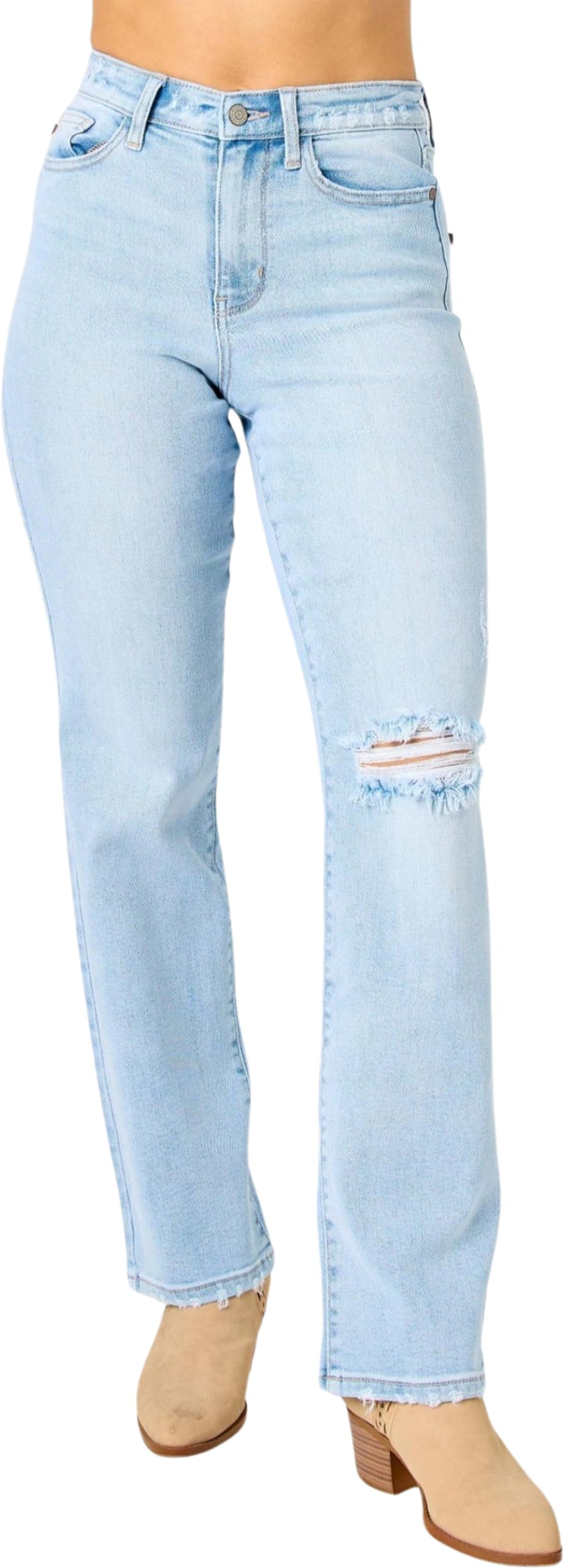 Judy Blue Women's 90s Straight Jeans - Destroyed & Ripped Back Denim Pants (Style 82600) | Vintage High Waisted Comfort Fit for Casual Wear & Street Style Fashion