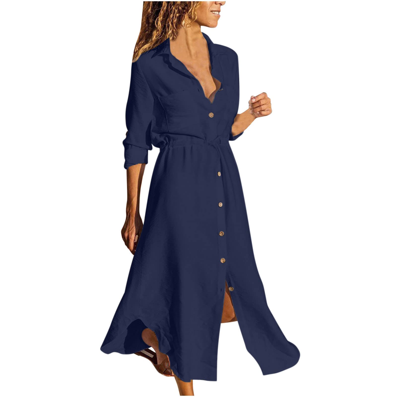 Women's Long Sleeve Linen Maxi Dress with Turtle Neck - 2024 Fashion Beach Cover Up, Hawaiian Shirt Style Cardigan for Summer Vacation, Date Night & Casual Outings
