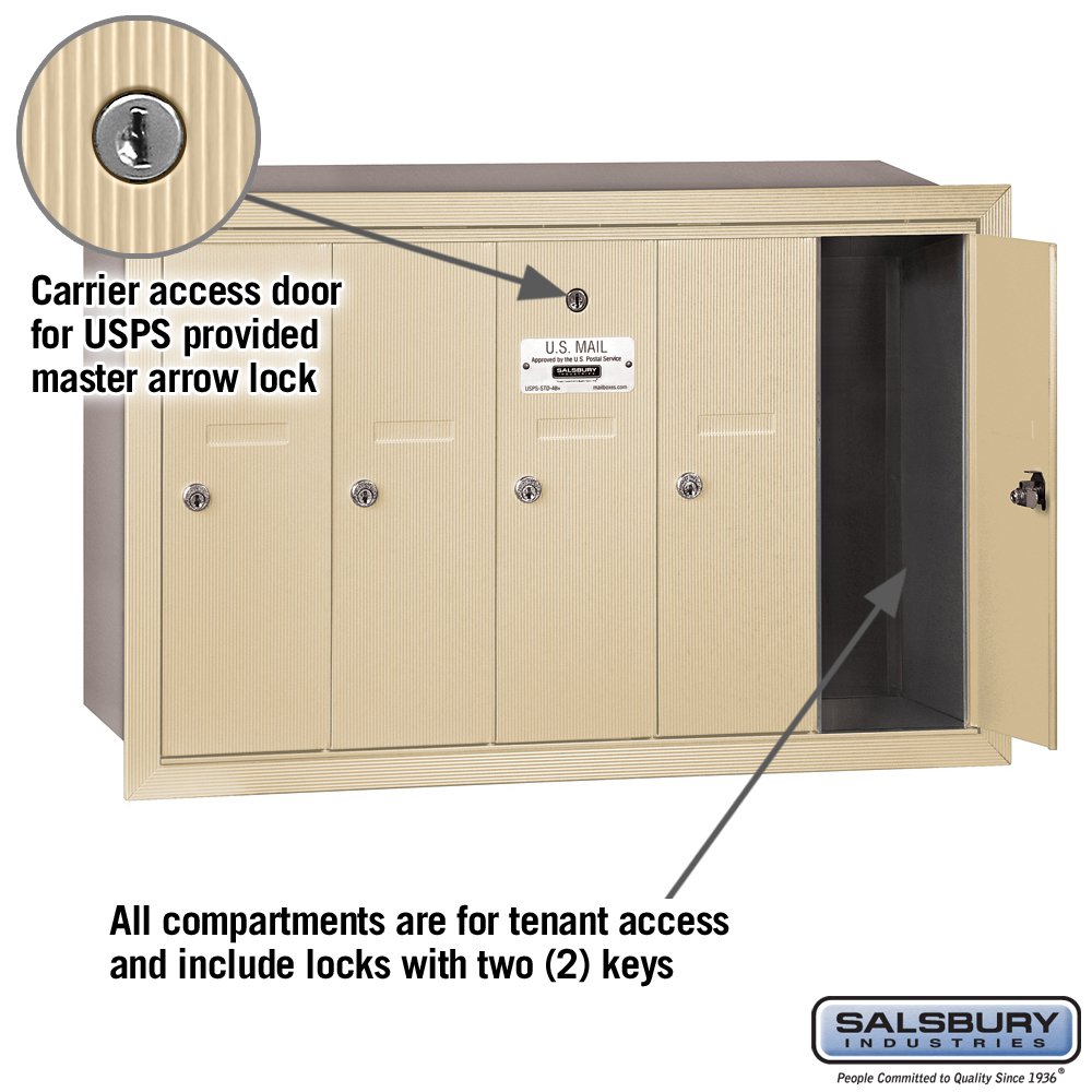 Salsbury Industries 3505SRU Recessed Mount Vertical Mailbox with USPS Lock - 5 Door Sandstone Mailbox for Residential & Commercial Use