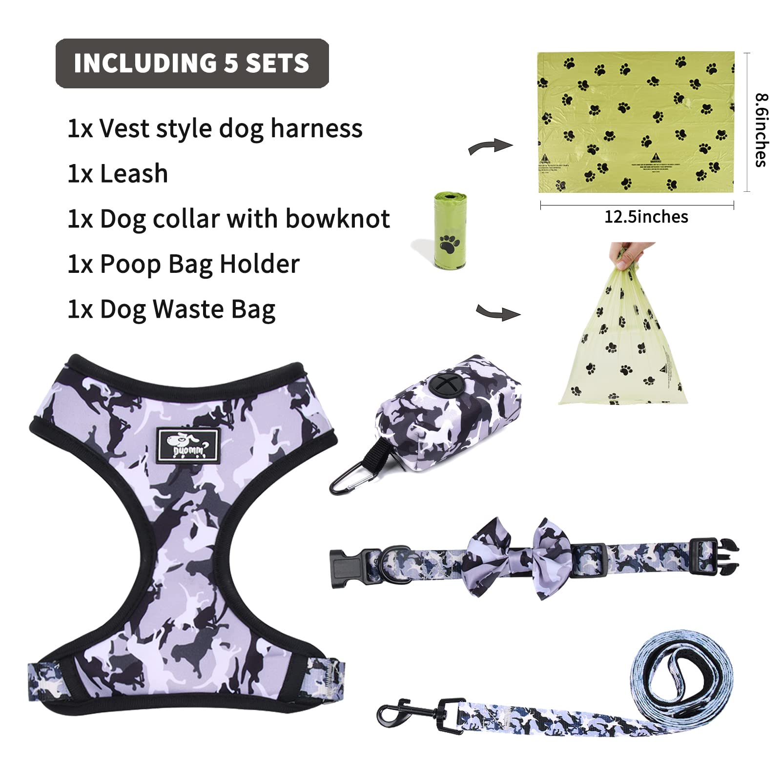 Adjustable Reflective No-Pull Dog Harness & Leash Set for Small Dogs & Puppies - Includes Bow-Tie Collar, Poop Bags (Size S, Grey Camouflage) | Perfect for Night Walks, Training & Outdoor Adventures