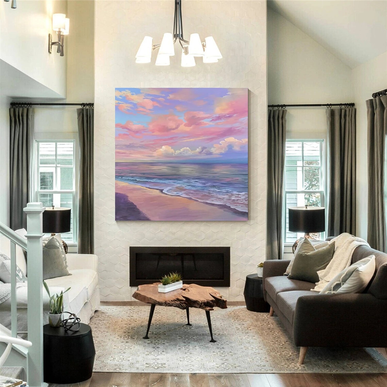Ocean And Sky Abstract Canvas Wall Art - Modern Blue & White Painting for Living Room, Bedroom & Office Decor | #OS 267