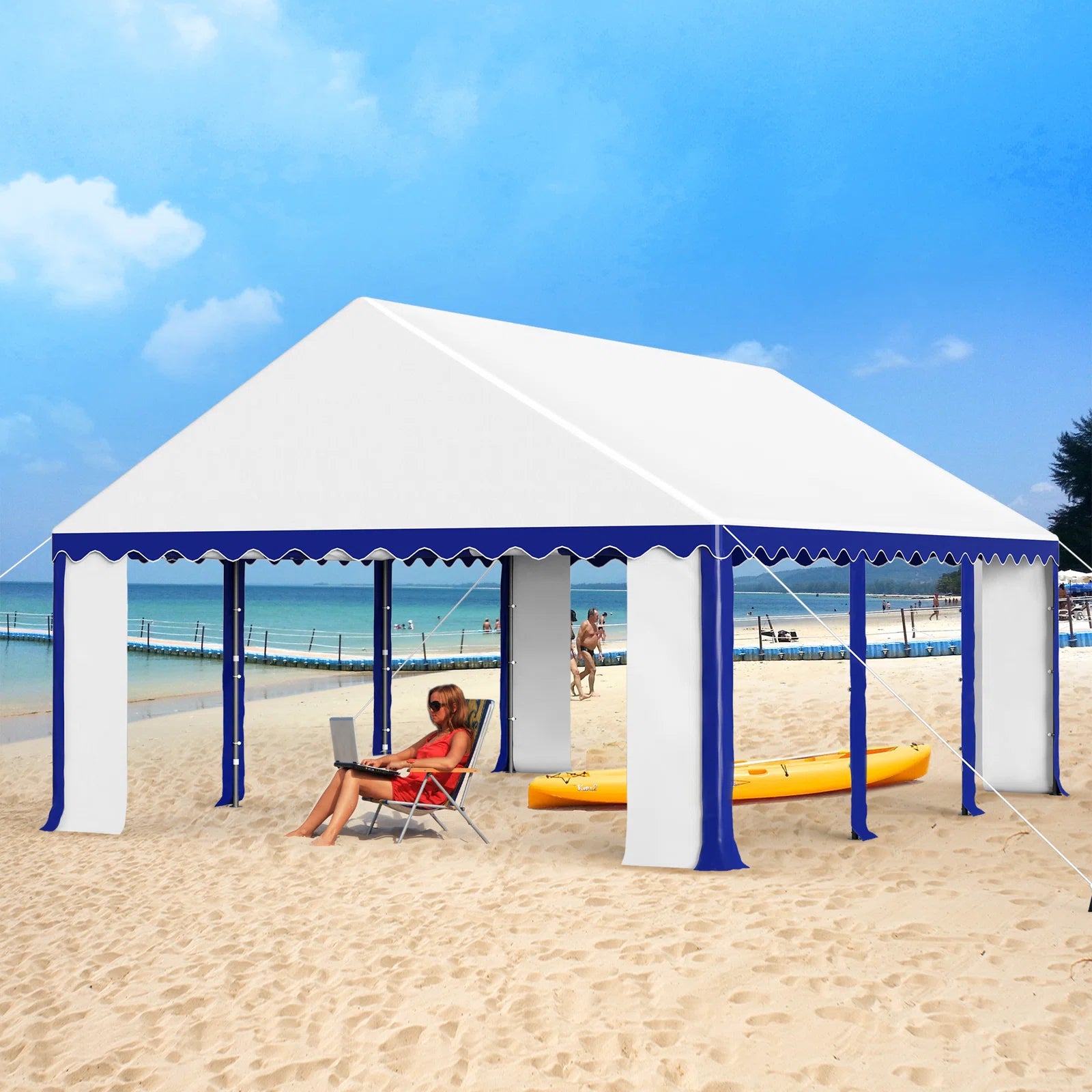 PHI VILLA 16x20 Foot White Scalloped Wedding Party Tent Canopy with Heavy Duty Frame - Outdoor Garden, Backyard, Picnic Shelter Includes Carry Bag for Easy Storage & Transport