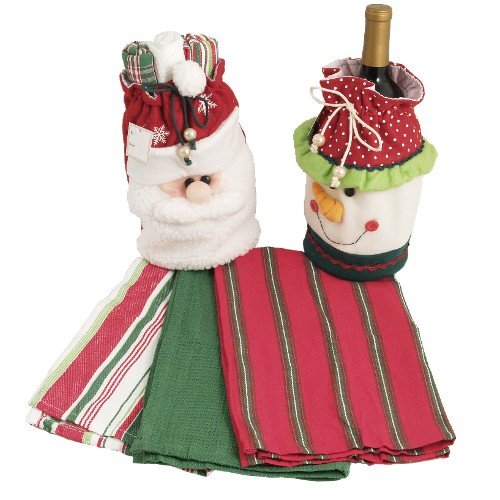 Christmas Santa & Snowman Kitchen Towels Set with Wine Gift Bag - Holiday Home Decor & Party Hostess Gifts for Christmas Dinner, Wine Tasting & Festive Celebrations