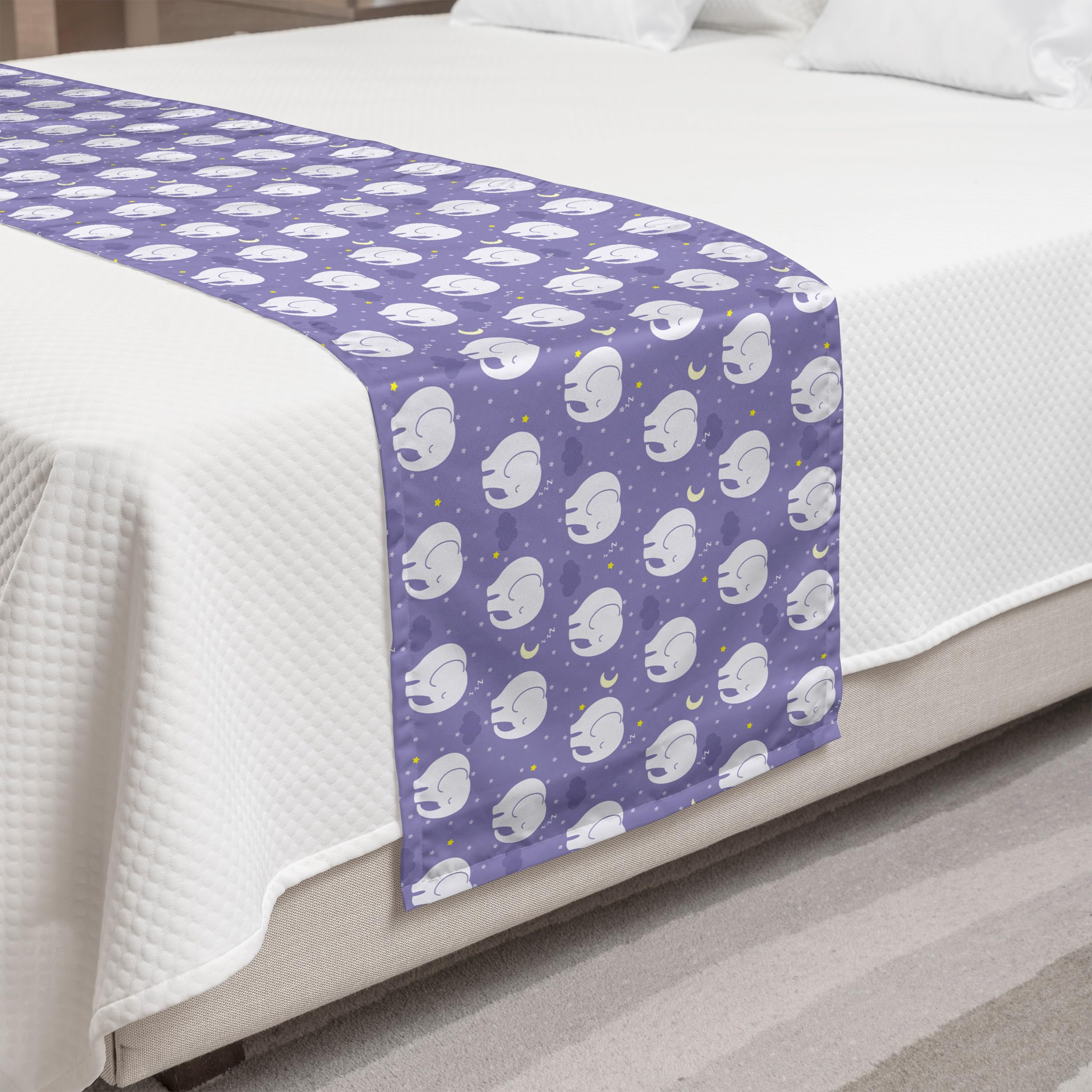 Ambesonne Elephants Bed Runner - Decorative Toddler Bedding Scarf with Stars and Moon Night Sky Design in Ceil Blue & Pastel Purple - Perfect for Kids' Rooms, Nurseries, Hotels & Guestrooms