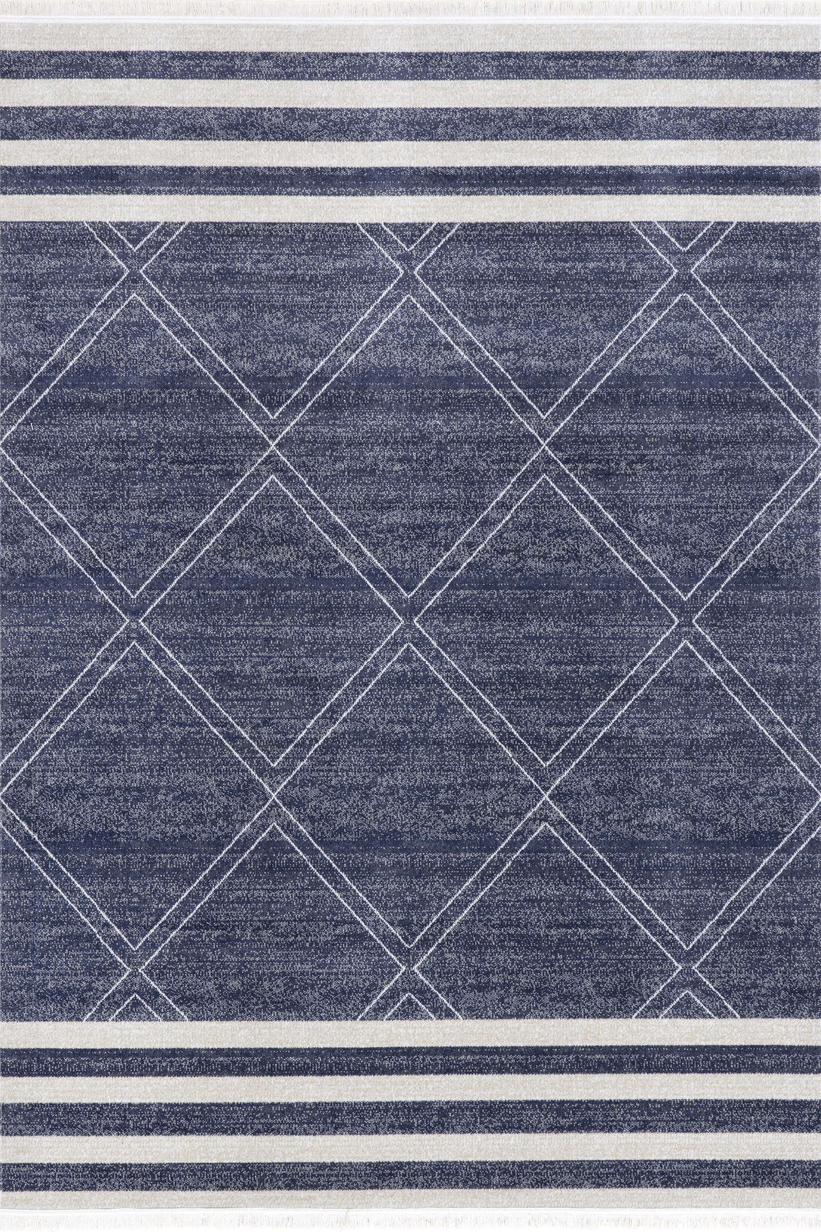 Diamonds and Stripes Fringe Indoor Outdoor Rug - Navy Blue Bohemian Style Area Rug for Living Room, Bedroom, Patio, Porch Decor