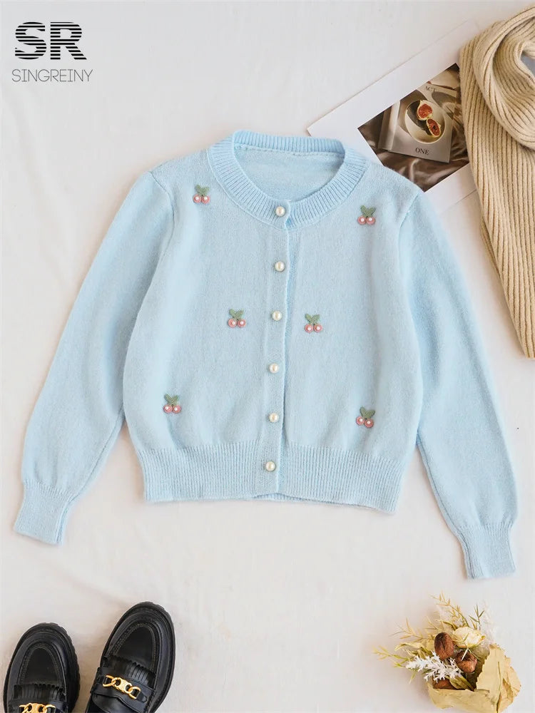 Cherry Beading Design Sweater for Women - Elegant Knit Pullover with Floral Embroidery - Perfect for Casual Outings, Office Wear & Date Nights