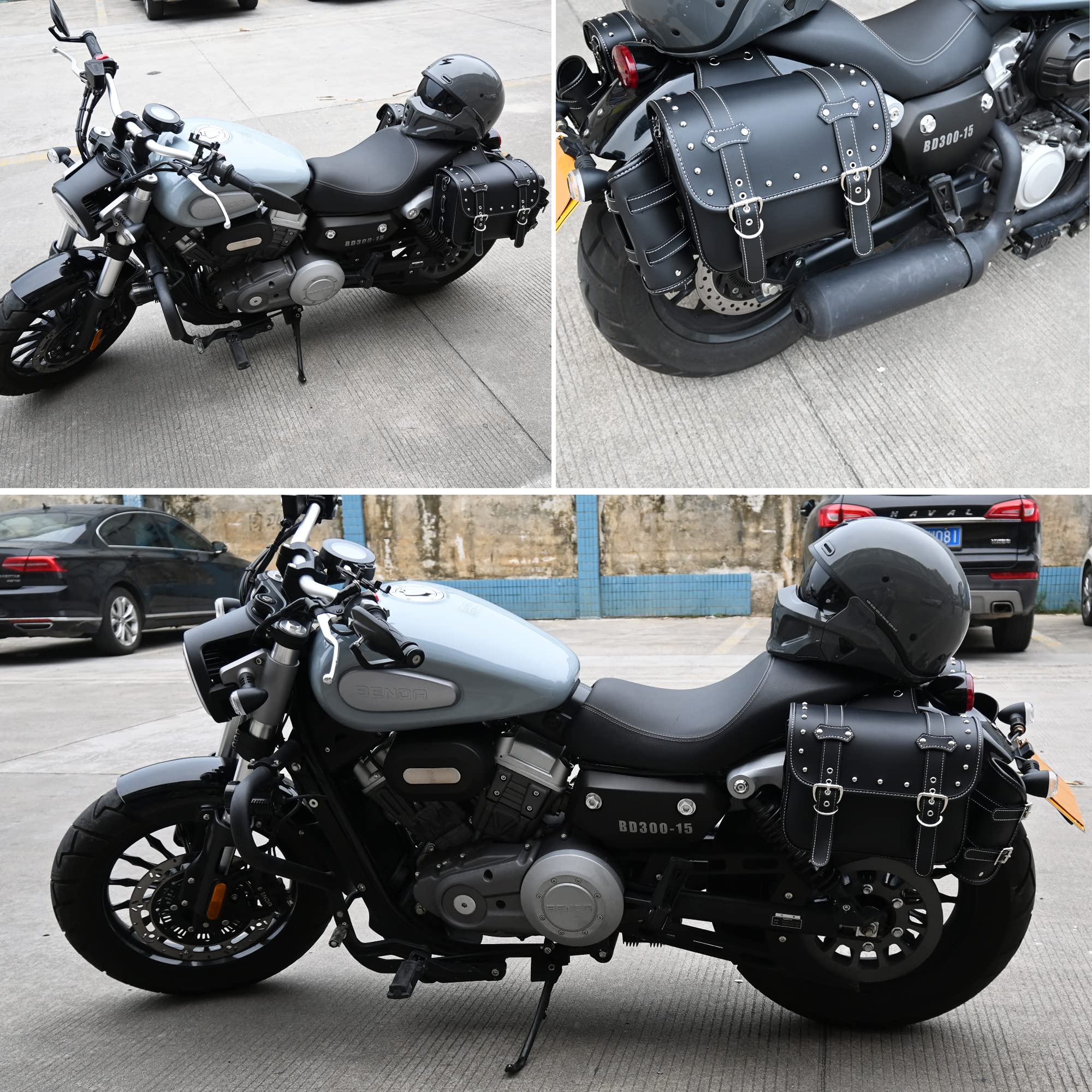 Waterproof PVC Leather Motorcycle Saddlebags - Universal Throw Over Panniers with Cup Holder & Side Tool Storage (1 Pair, Black with Brown Belt) | Durable Motorbike Luggage for Touring, Commuting & Adventure Rides