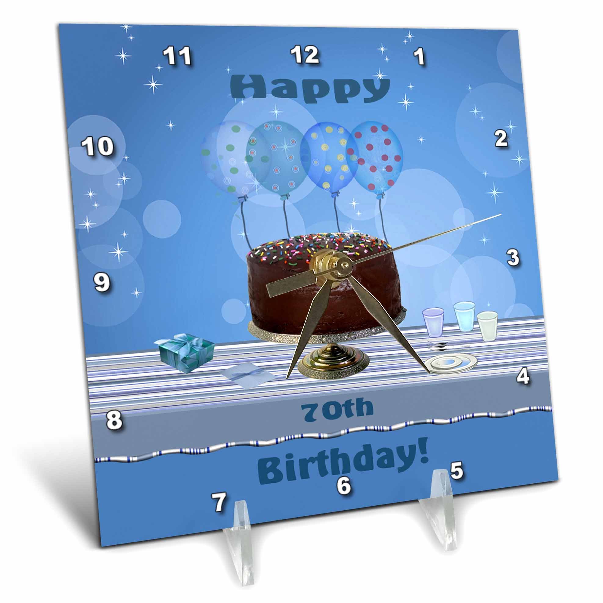 3D Rose 70th Birthday Party Desk Clock with Chocolate Cake & Blue Balloons - 6x6 Inch Gift for Anniversary, Retirement, Milestone Celebration - Perfect for Home, Office Decor & Special Occasions