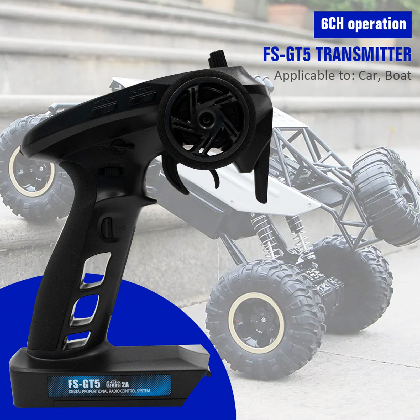 Flysky FS-GT5 2.4GHz 6CH Radio Transmitter with FS-BS6 Gyro Receiver - Remote Control for RC Cars, Crawlers & Boats | ABS Setting, AFHDS 2A Protocol, 4 Climbing Modes | Perfect for Off-Road Racing, Rock Crawling and Water Sports