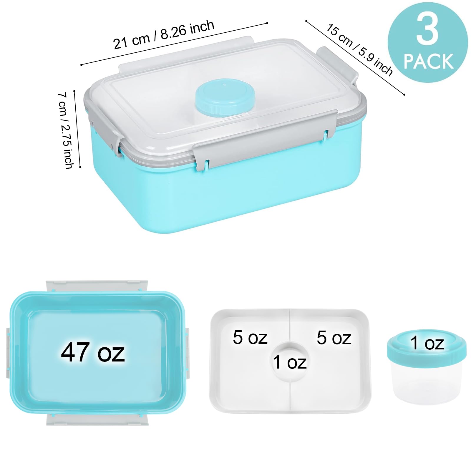 3 Pack 47oz Bento Box Salad Containers - Reusable Microwave Safe Food Storage Containers with Lids, Removable Tray & Dressing Pots for Meal Prep - Perfect for Kids Lunch Boxes, Office Meals & Picnic Food Storage