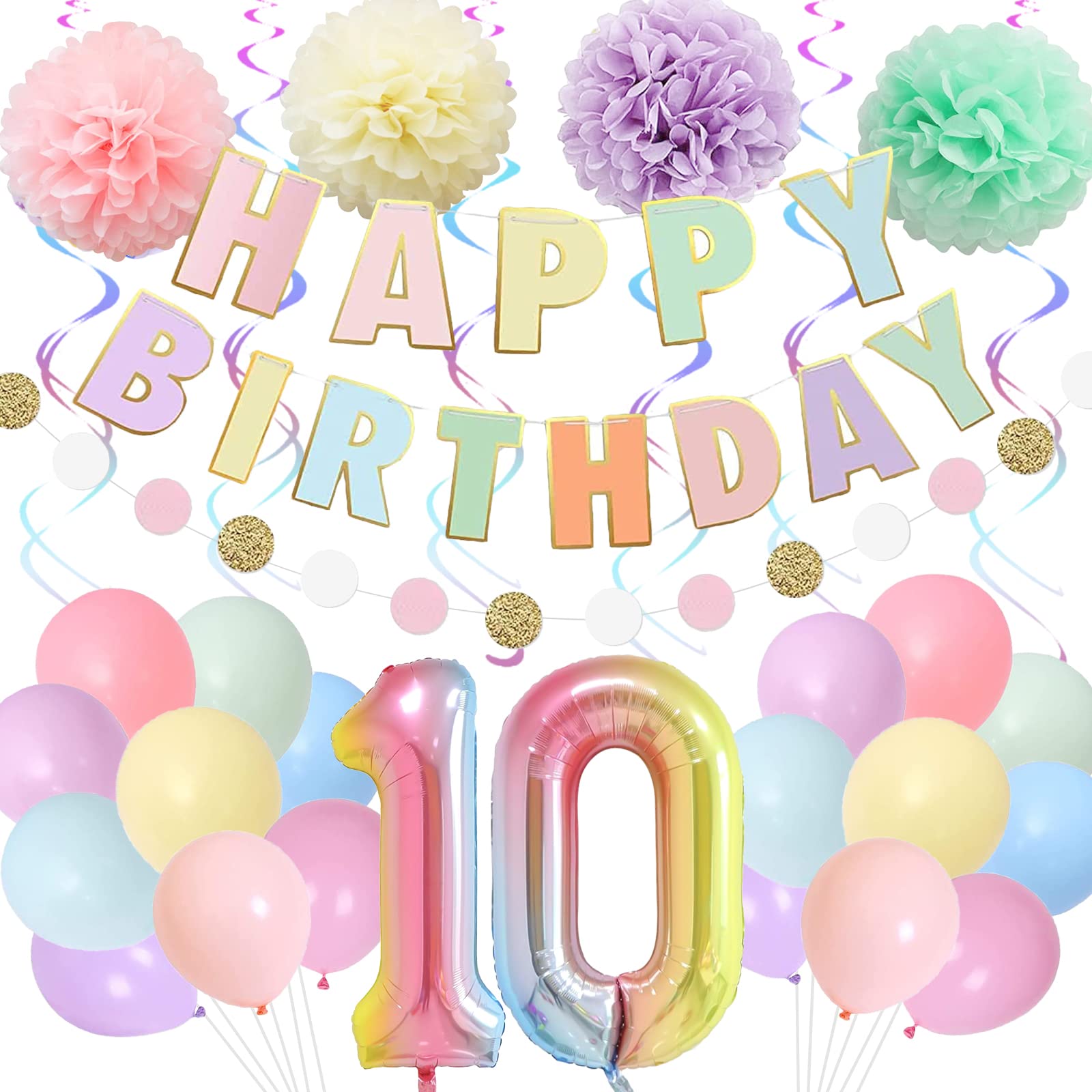 BRT Bearingshui 10th Birthday Party Decorations for Girls & Boys – 40 Inch Rainbow Gradient Number 10 Balloon, Happy Birthday Banner & Kids Party Supplies | Perfect for 10th Birthday Celebrations, Themed Parties & Milestone Decor