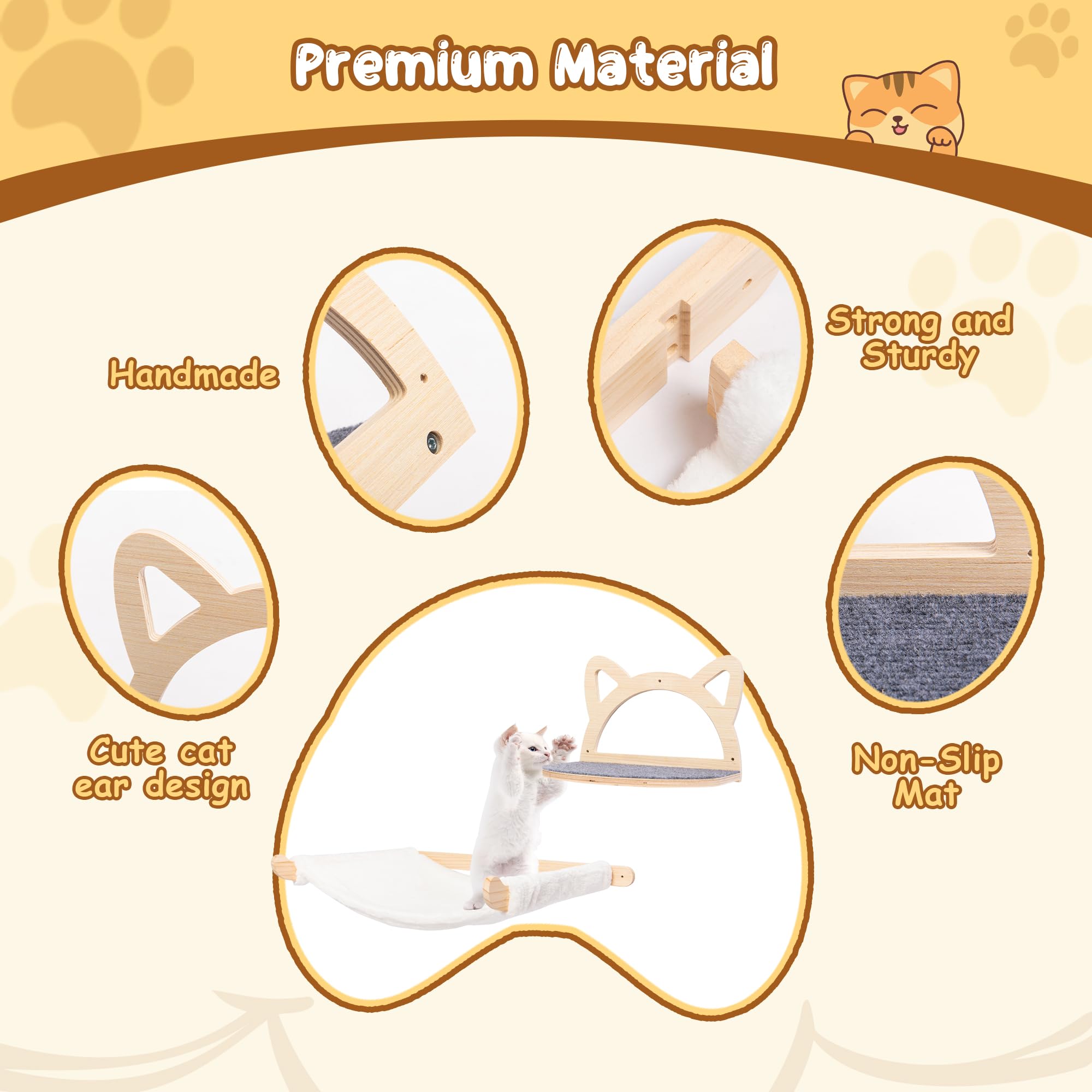 Defined Deco Cat Wall Shelves - Wall Mounted Cat Perches with XXL Hammock & 2 Climbing Steps, Multi-Level Cat Furniture with Scratching Mat for Play, Sleep & Lounge - Perfect for Indoor Cat Climbing, Resting & Exercise in Small Spaces