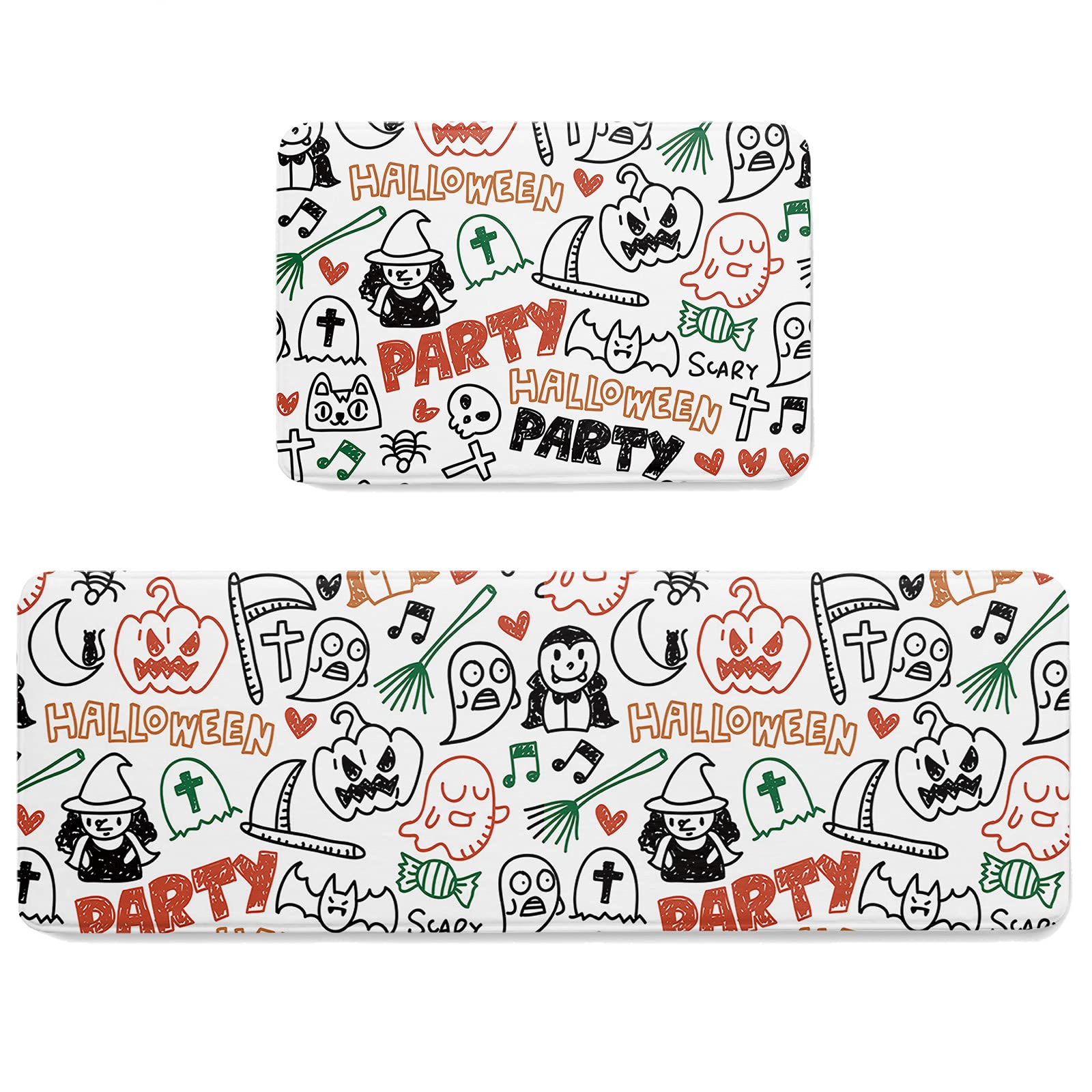 Anti-Fatigue Kitchen Mats Set of 2 - Non-Slip Standing Rugs with Halloween Ghost Pumpkin Design, Washable Cushioned Floor Mat for Bedroom, Bathroom & Kitchen Decor - Perfect for Halloween Party, Home & Office Use