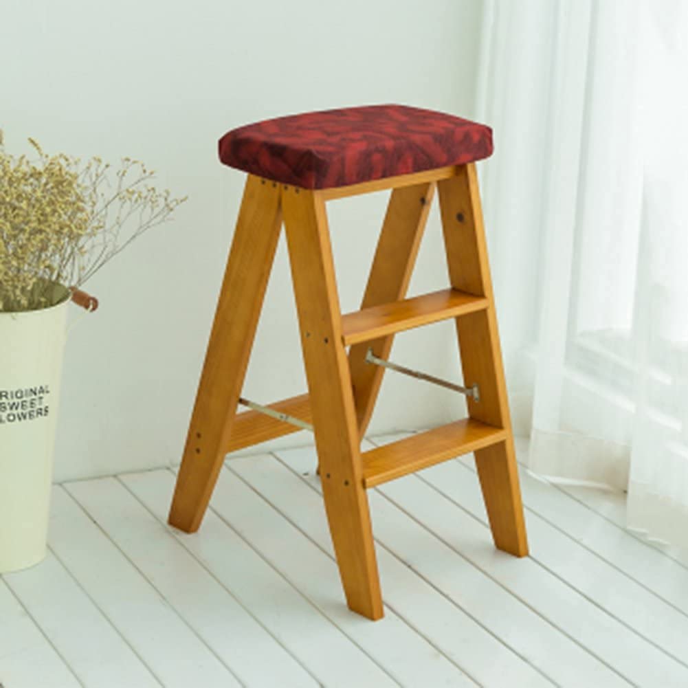 **Solid Wood Folding Step Stool with Cushion Seat - Portable Multifunctional Step Ladder Chair for Adults - Light Walnut, 3 Colors - Perfect for Kitchen, Bathroom & Home Storage**