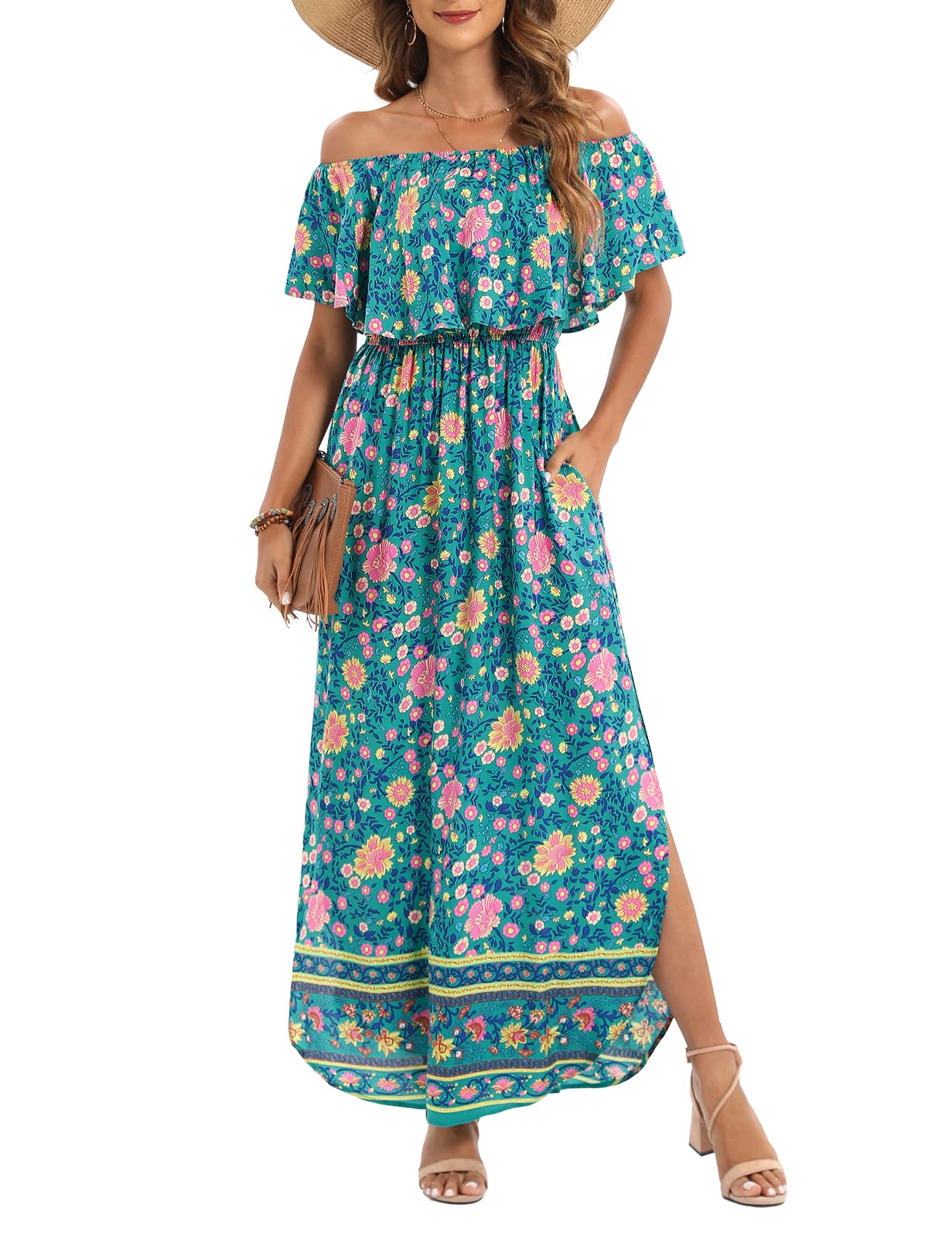 Women's Off The Shoulder Ruffle Party Dress with Side Split - Elegant Beach Maxi Dress for Summer Weddings, Vacations & Night Out