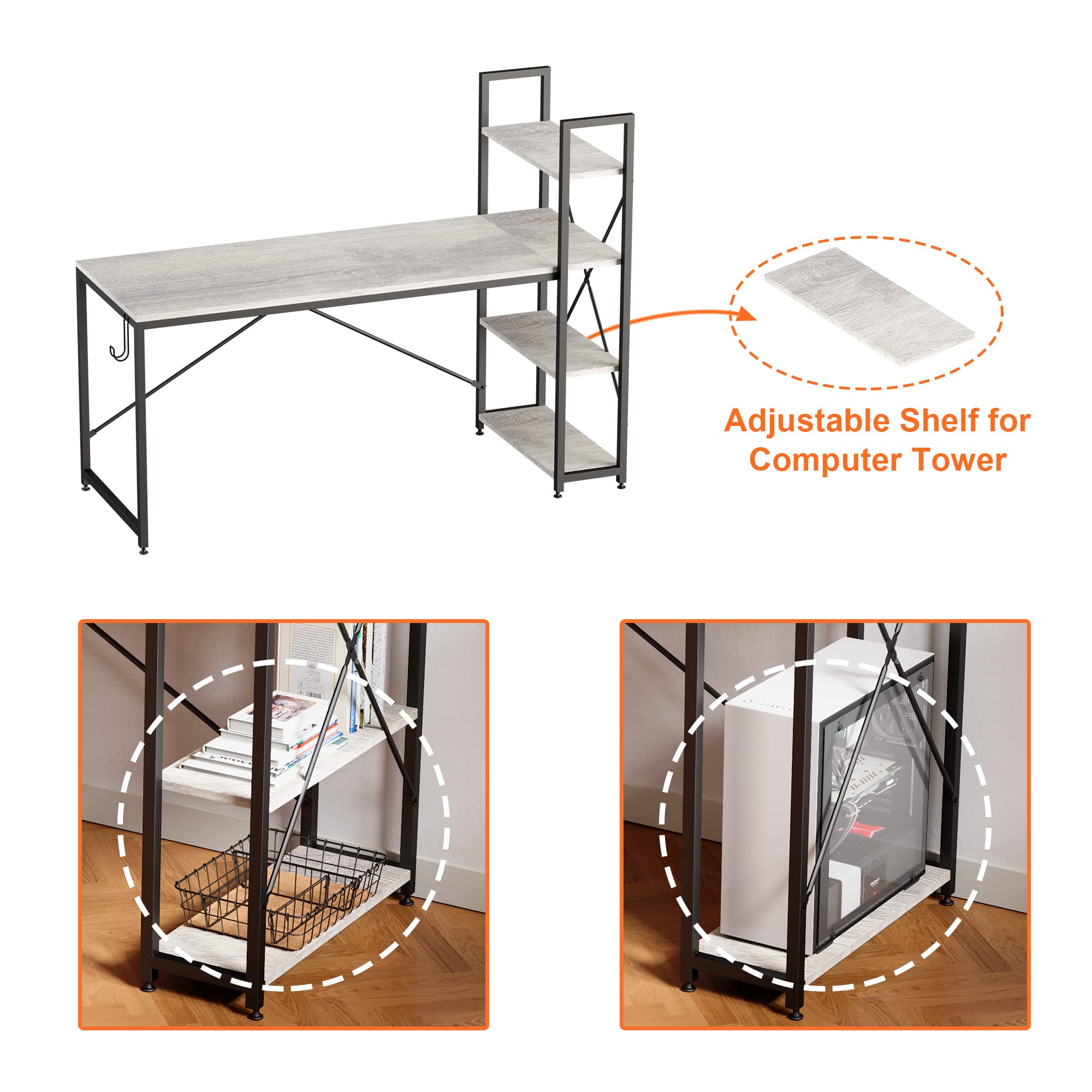 Bestier 63 Inch Adjustable Height Computer Desk with Reversible Bookshelf & Metal Legs - Home Office Desk for Work, Study & Gaming - Wash White Modern Writing Table for Small Spaces & Studio Apartments