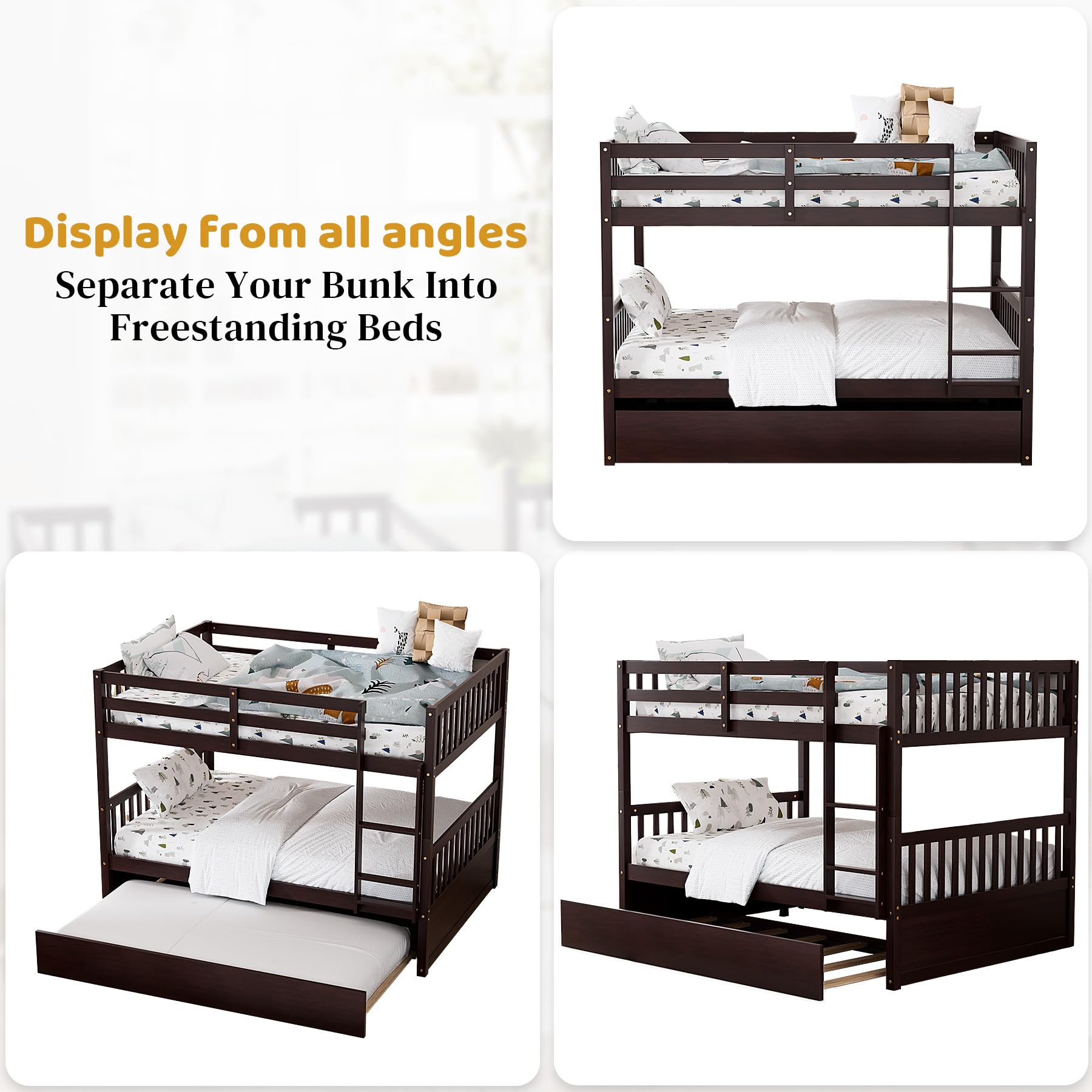 Rophefx Full Over Full Bunk Bed with Trundle - Convertible to 2 Full Size Bunk Beds, Solid Wood Construction with Safety Rails & Ladder - Space-Saving Bed for Adults, Teens & Kids - Perfect for Dorms, Guest Rooms & Small Apartments (Espresso Finish)