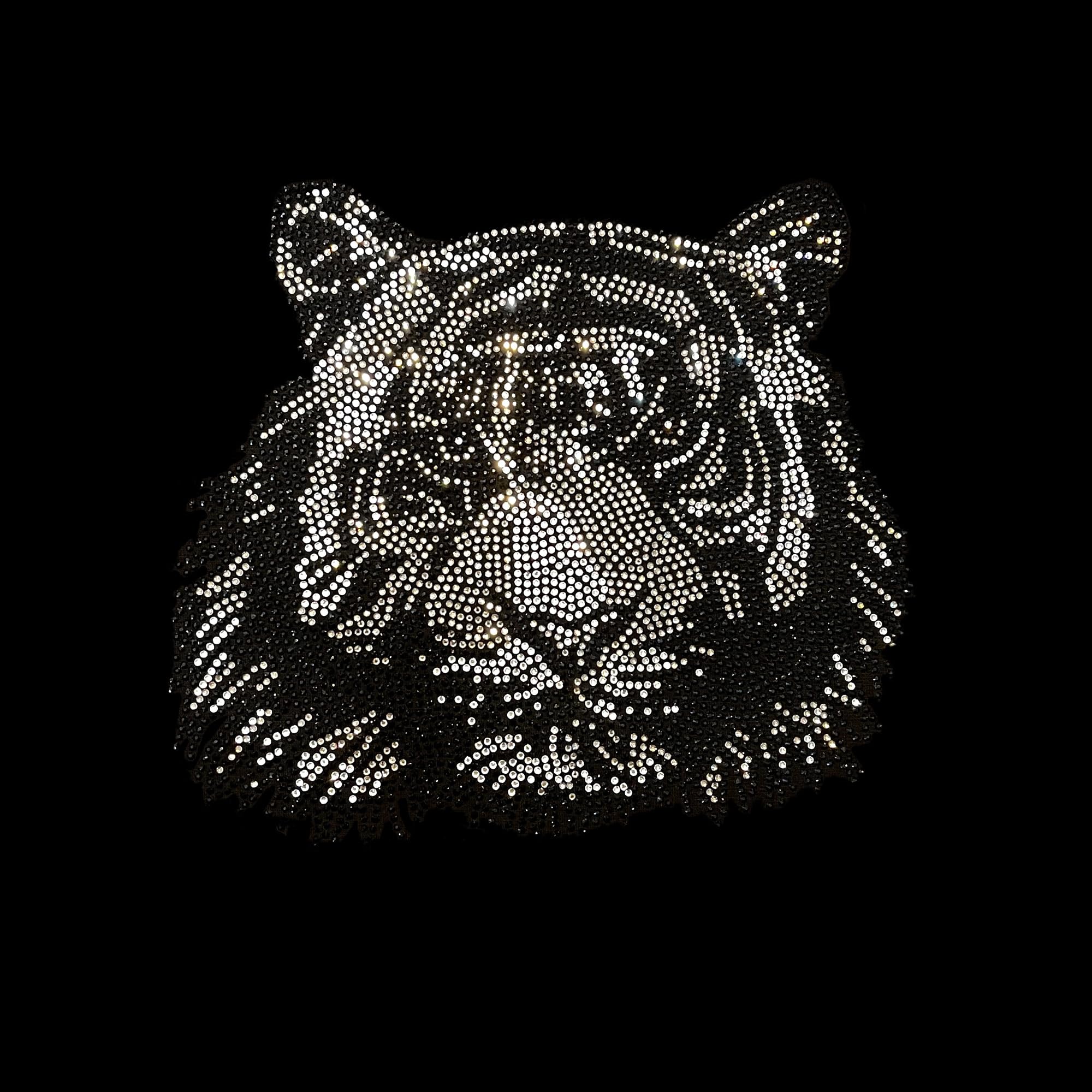 Silver Black Rhinestones Tiger Iron-On Heat Transfer Design for T-Shirts & DIY Crafts - Perfect for Custom Apparel, DIY Projects & Fashion Accessories