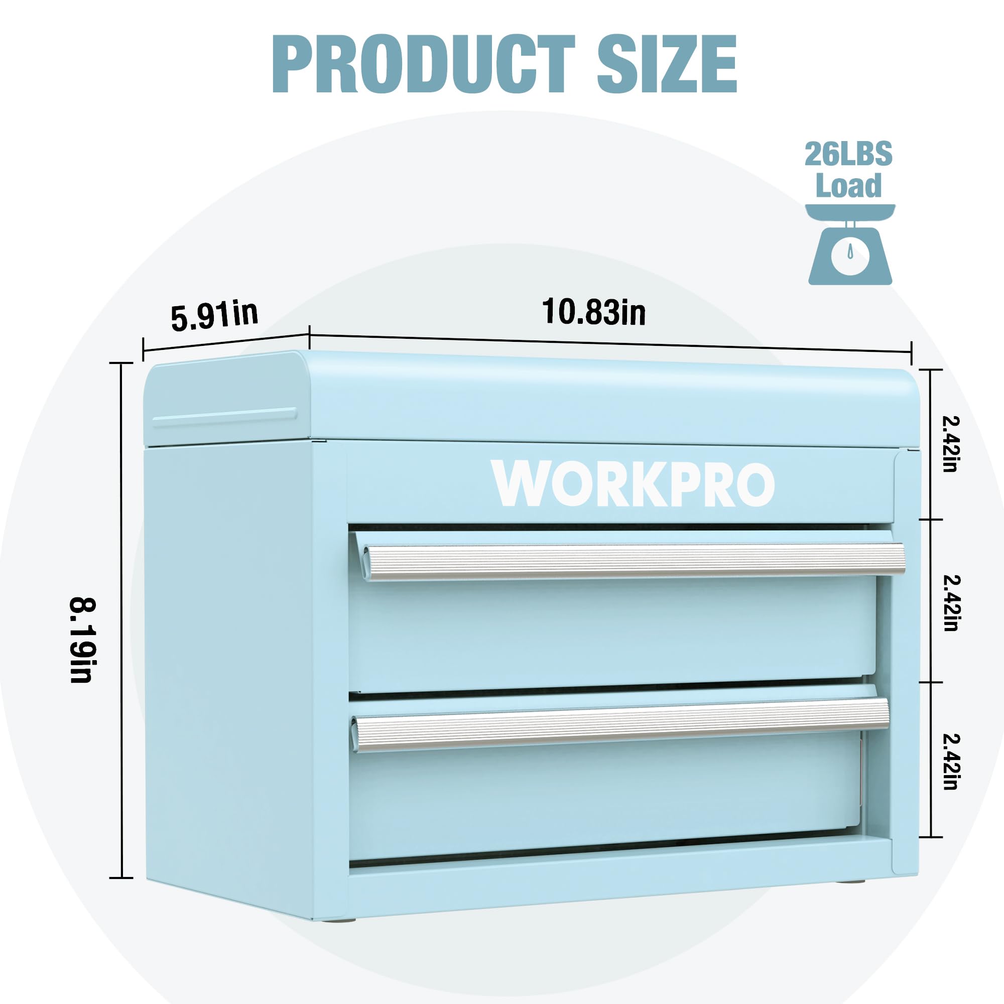 WORKPRO Mini Metal Tool Box with 2 Drawers & Top Storage - Small Steel Tool Chest with PVC Liners, PP Feet Pads & Magnetic Tab | Durable Cold Rolled Steel Construction | Perfect for Home Garage, Workshop & DIY Projects