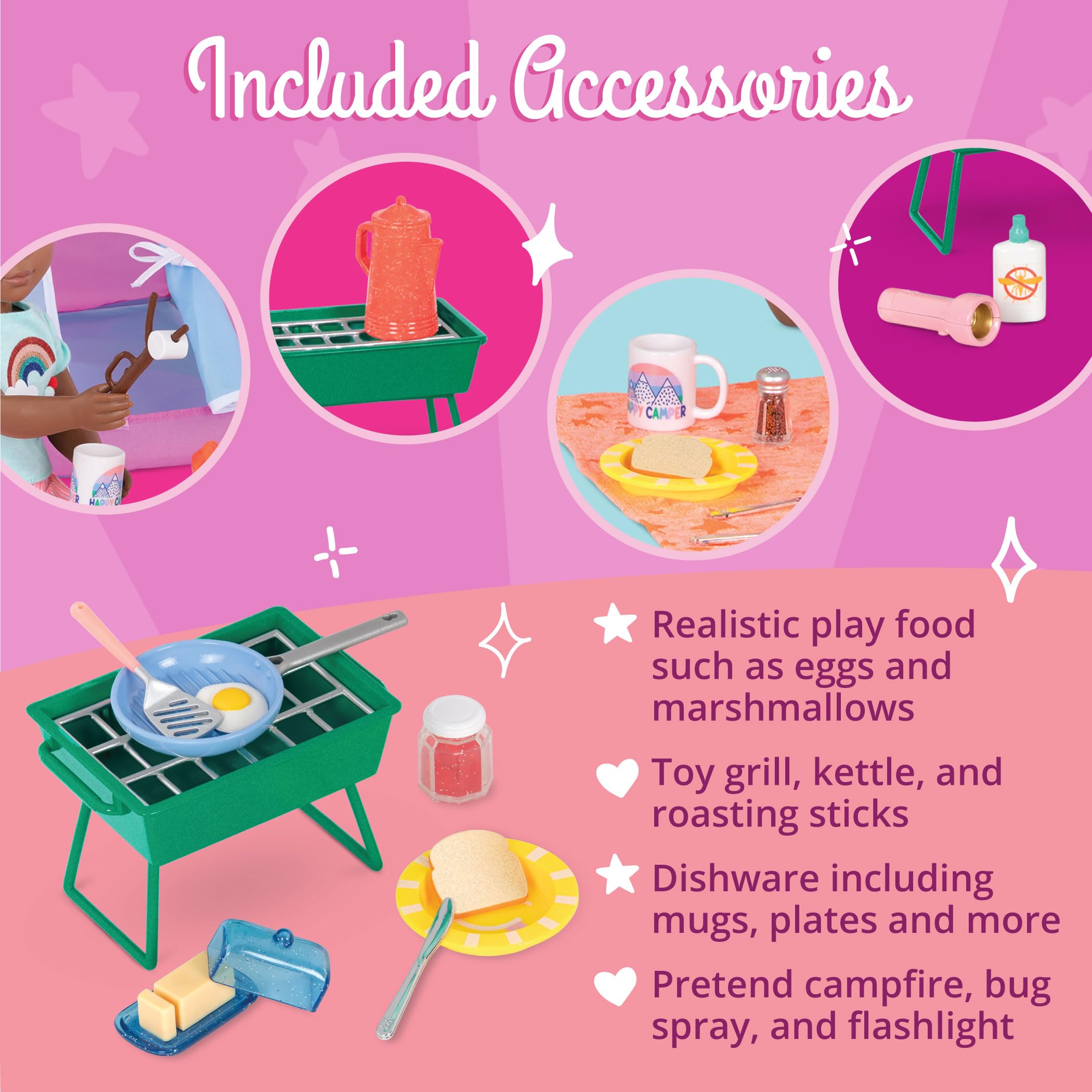 Glitter Girls Campfire & Portable BBQ Grill Playset with Marshmallows, Toasting Sticks & Play Food - 14-inch Doll Accessories for Kids Ages 3+ - Perfect for Indoor/Outdoor Pretend Play, Birthday Gifts & Role-Playing Games