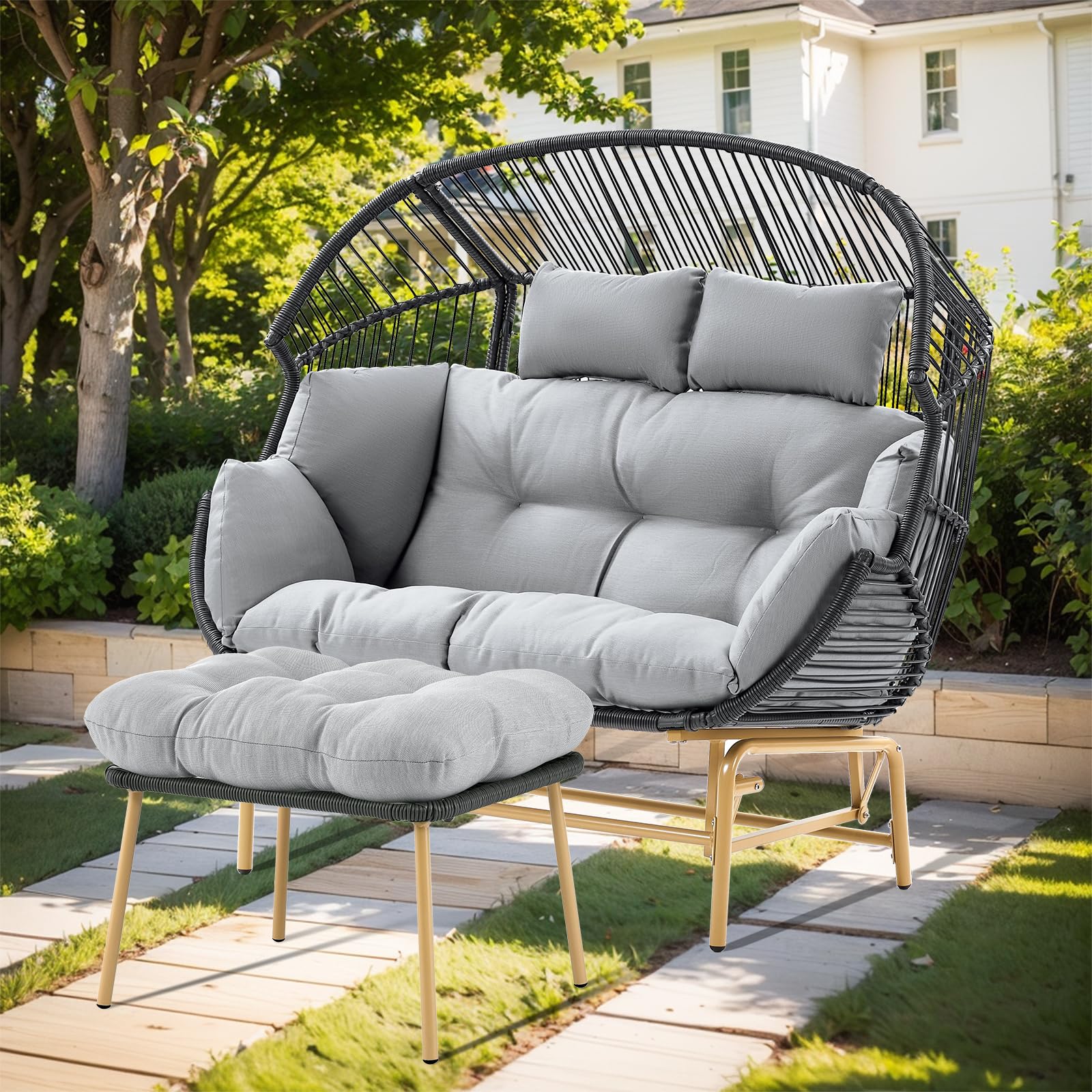 2-Person Outdoor Egg Chair - Wicker Rattan Rocking Glider Patio Lounge Chair with Cushion & Pillow for Porch, Deck, Backyard, Garden (Grey) - Perfect for Relaxing, Sunbathing & Outdoor Entertaining