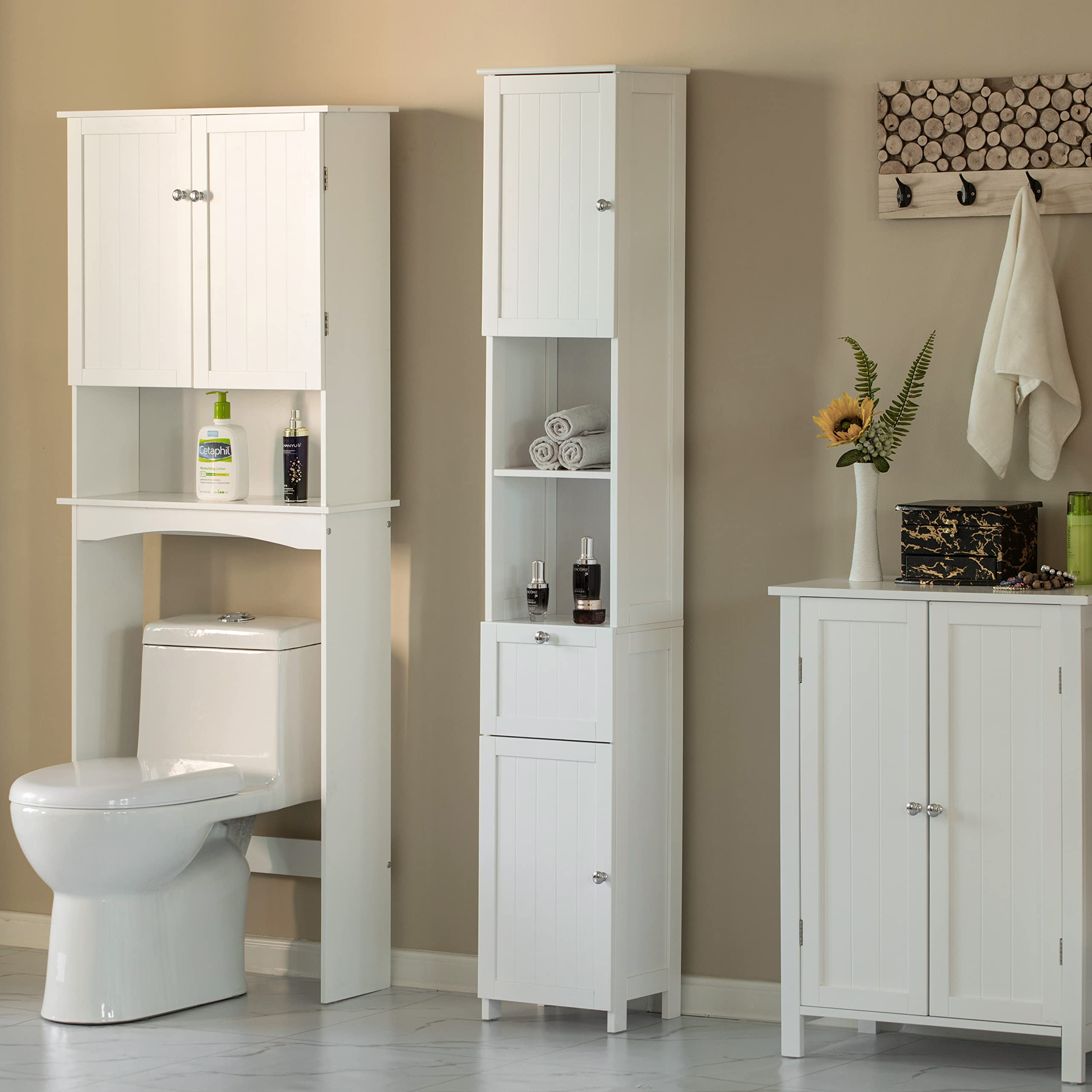 Basicwise White Tall Standing Linen Tower Storage Cabinet - Organize Bathroom & Vanity Essentials - Perfect for Towels, Toiletries & Cosmetics Storage