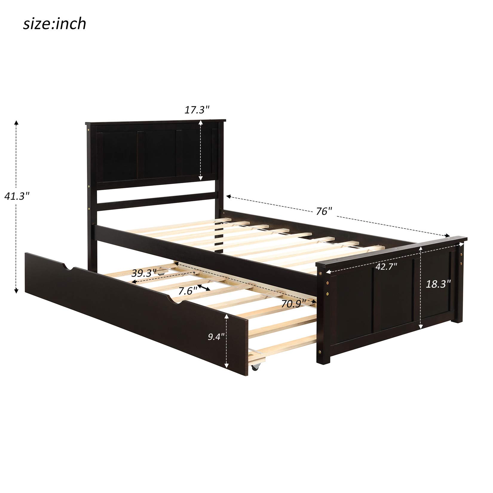 Twin Platform Bed with Trundle - Solid Wood Bed Frame with Headboard, No Box Spring Required, Easy to Assemble in Espresso Finish | Perfect for Kids Rooms, Guest Bedrooms & Small Spaces