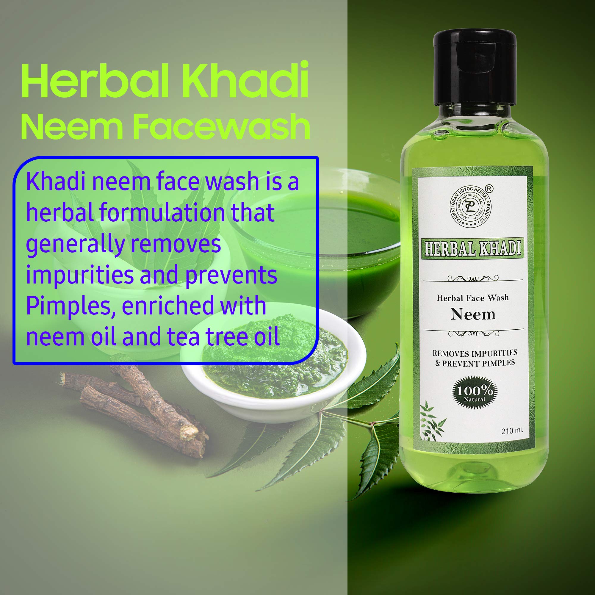 Khadi Neem & Tea Tree Natural Face Wash for Oily Skin - Purifying & Anti-Acne Formula with Aloe Vera & Tea Tree Oil Extract (210ml) - Gentle Cleanser for Men & Women - Perfect for Daily Skincare Routine & Acne-Prone Skin