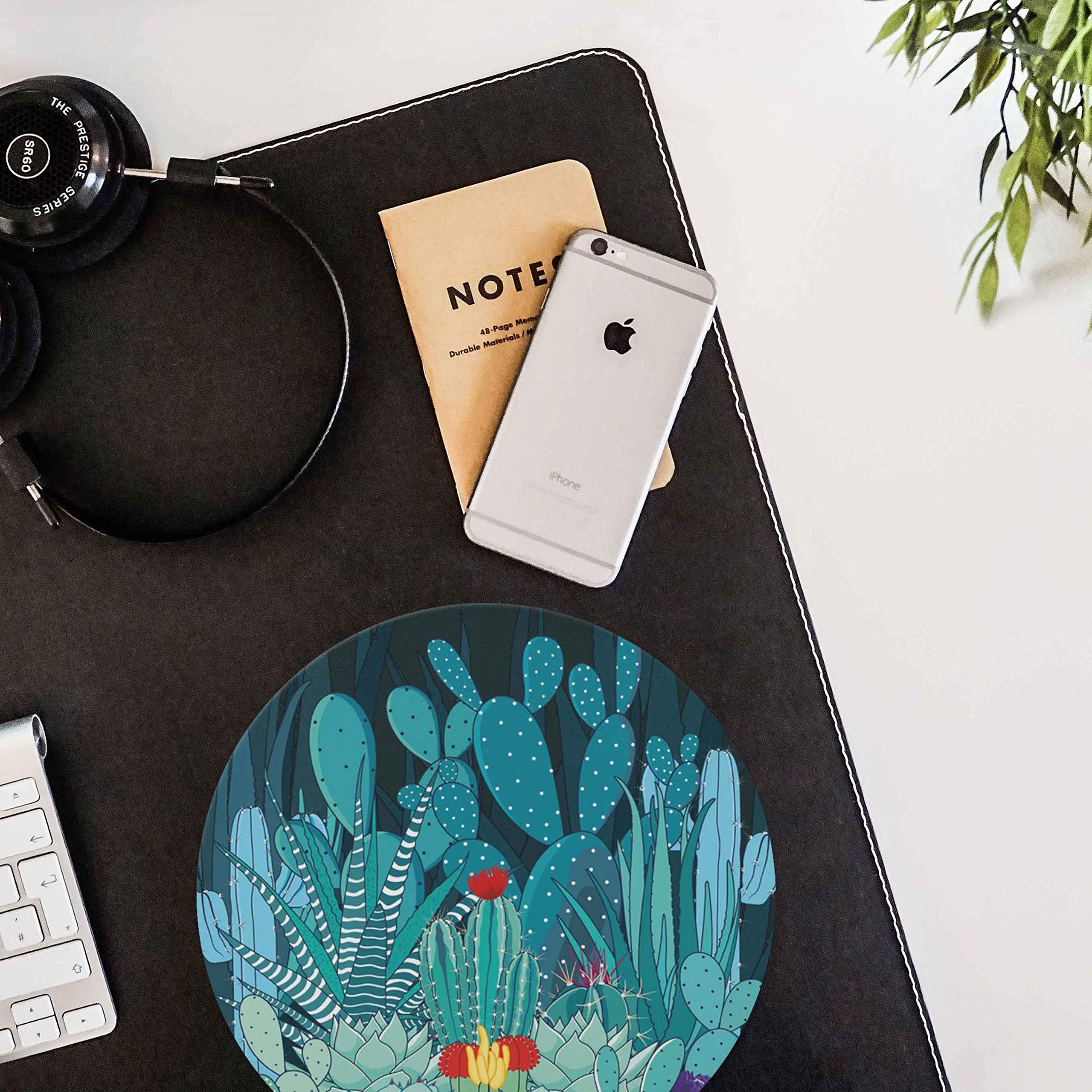 Non-Slip Rubber Round Mouse Pad with Cactus & Flower Design - 7.87 Inch Gaming Mouse Mat for PC, Laptop, Office & Home Workspace - Perfect for Gamers & Professionals