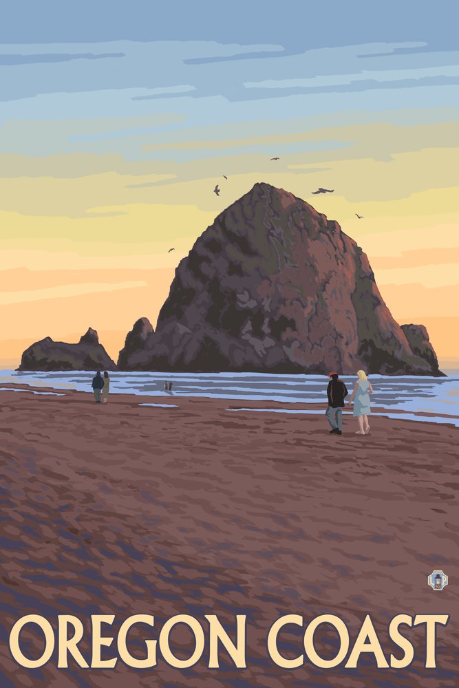 Lantern Press Oregon Coast Haystack Rock Wall Art Poster - 12x18 Inch Framed Canvas Print, Coastal Decor for Living Room, Bedroom & Office