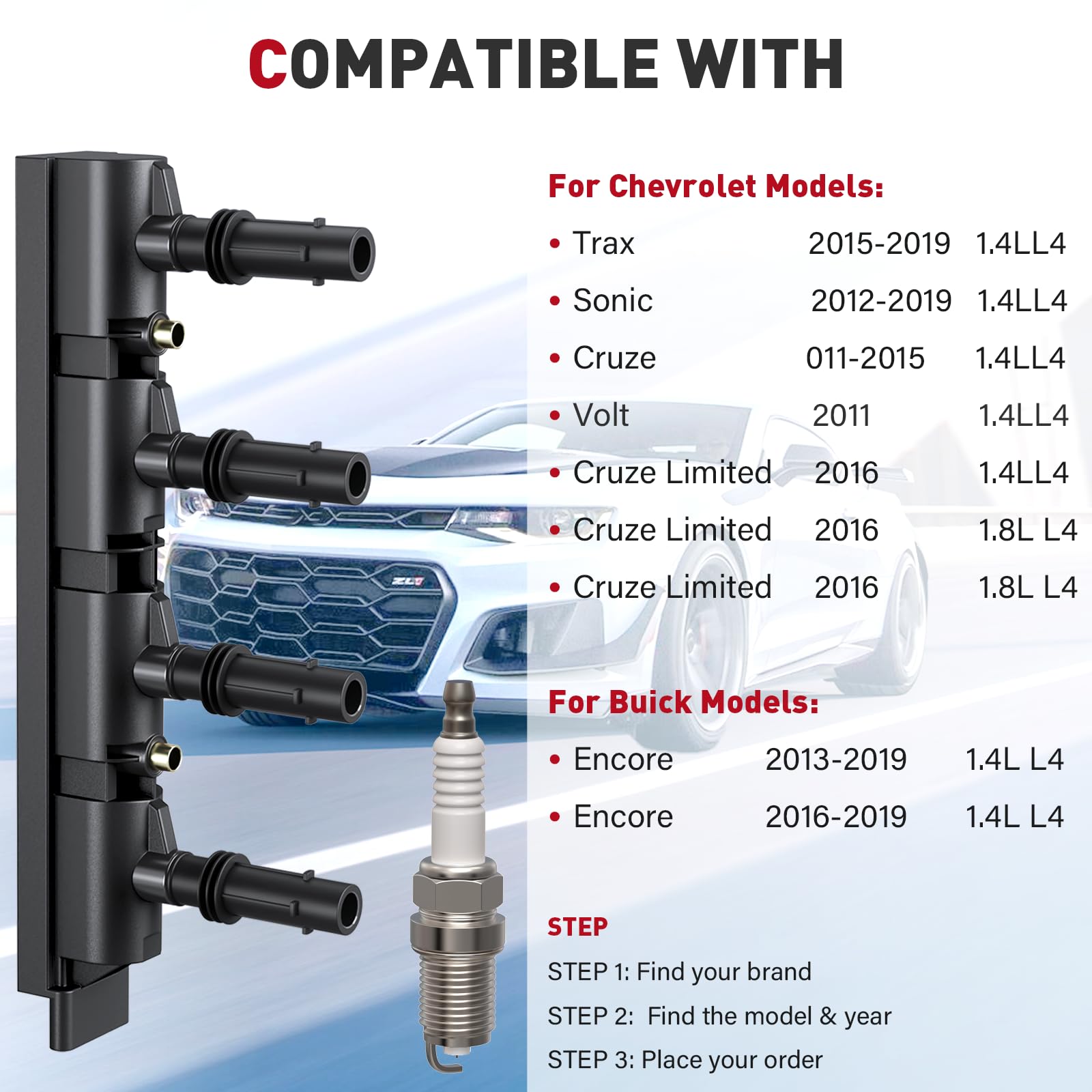High Performance Ignition Coil Pack & 4 Iridium Spark Plugs Kit - Compatible with 1.4L Turbo Chevy Cruze/Sonic/Trax/Volt & Buick Encore (2011-2020) - Replaces D521C UF669 55577898 55579072 - Perfect for Engine Tune-Up & Performance Enhancement