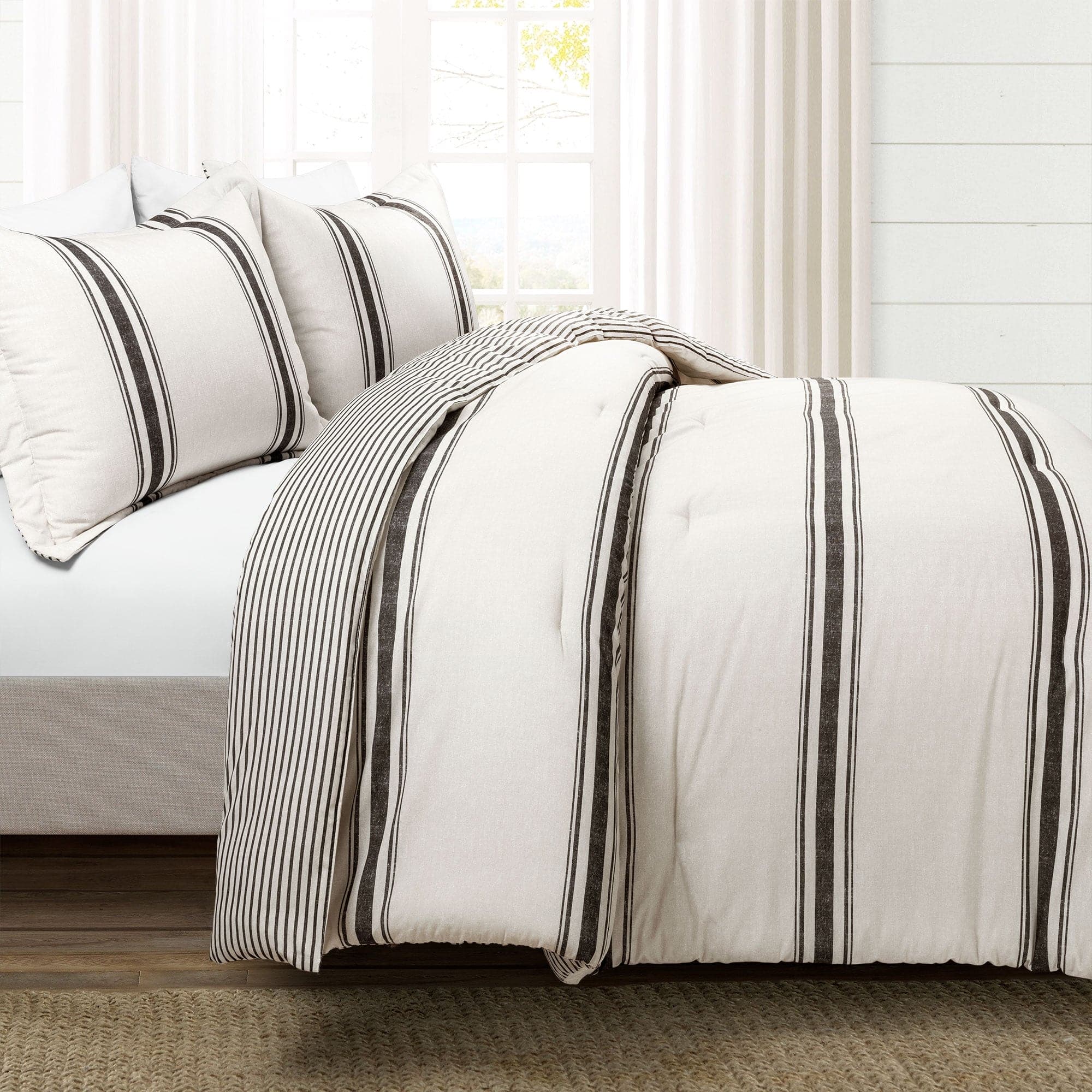 Farmhouse Stripe Reversible Comforter Set - Queen Size, Soft Breathable Cotton Bedding - Perfect for Cozy Bedroom Decor & Guest Room Styling