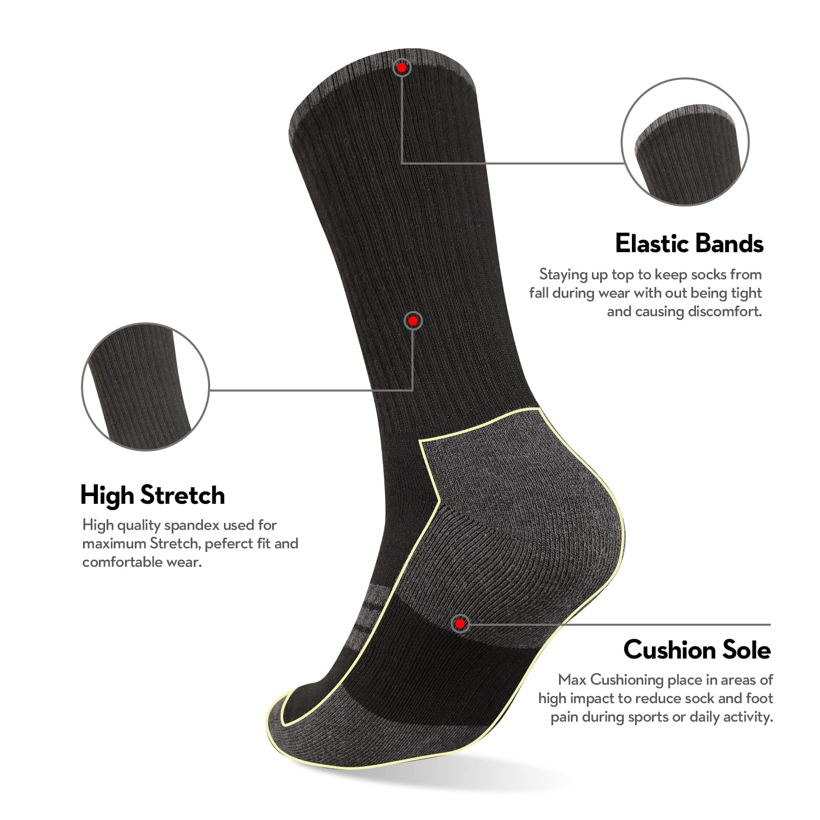 Heatuff Men's Moisture-Wicking Heavy Cushion Crew Socks - Reinforced Heel & Toe for Durability - Ideal for Running, Hiking & Everyday Comfort