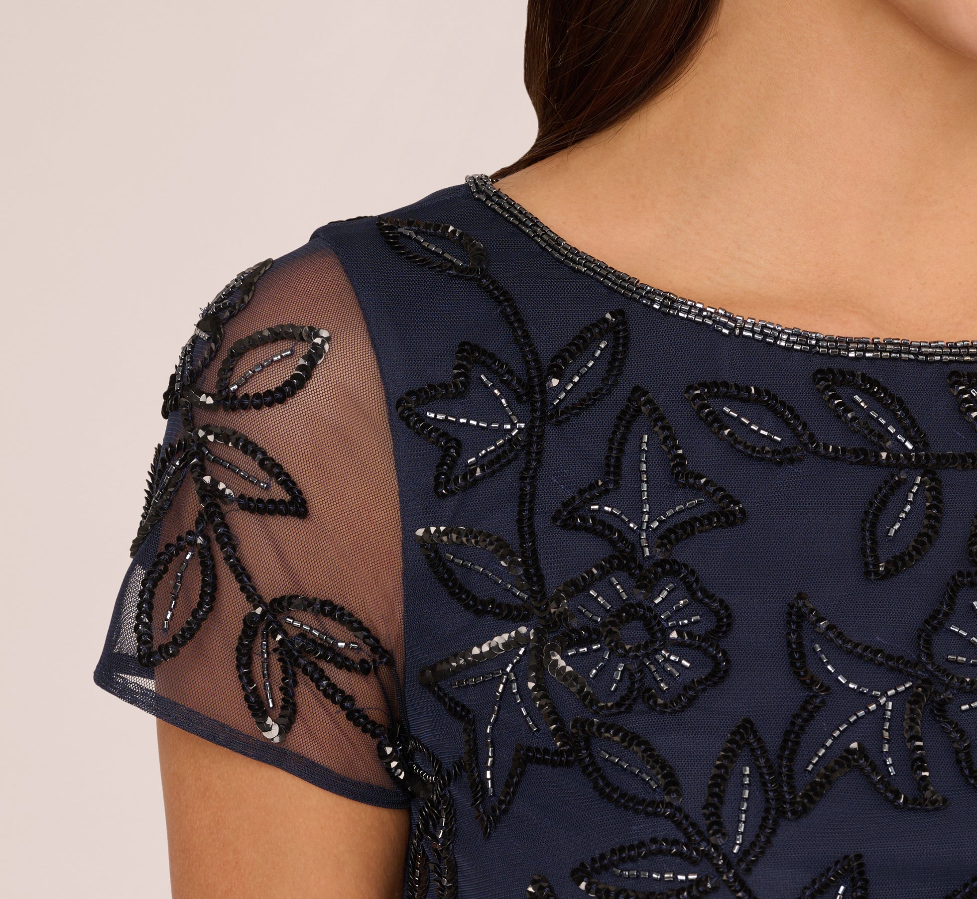 Elegant Navy Black Jasmine Beaded Blouson Gown with Sheer Short Sleeves - Perfect for Evening Parties, Weddings & Special Occasions