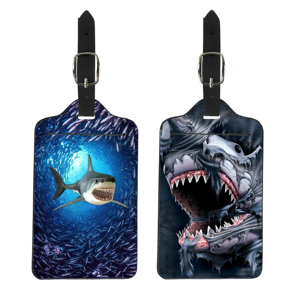 PU Leather Luggage Tags for Adults & Teens - 2-Piece Travel Suitcase ID Card Holder with Sea Shark & 3D Shark Print - Perfect for Airports, Cruise Ships & Vacation Identification