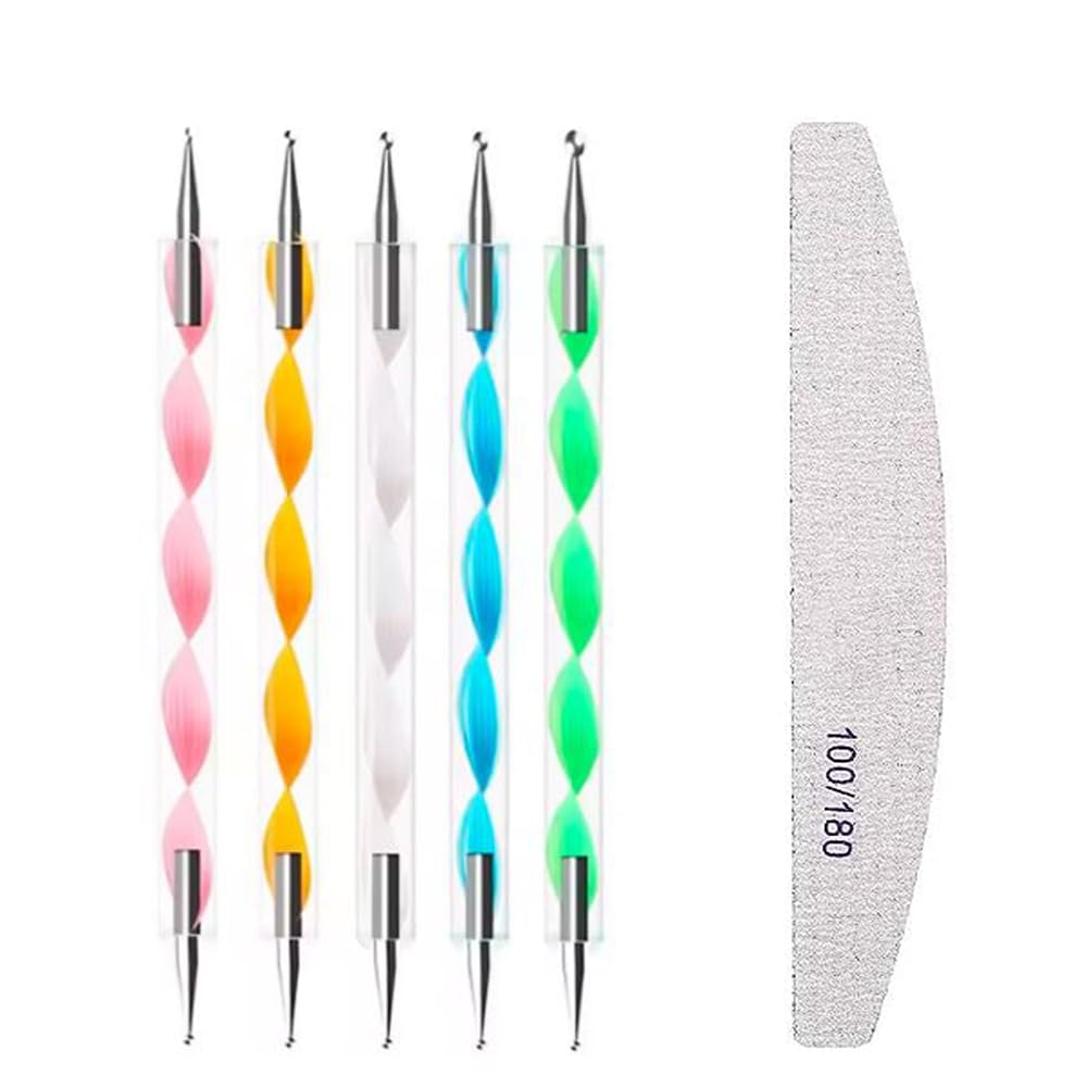 5-Piece Dual-Ended Nail Art Dotting Pen Set - Acrylic Nail Design Tools with 2-Way Dotting Tips & Bonus Nail Buffer - Perfect for DIY Manicures, Salon Nail Art, and Gel Polish Designs