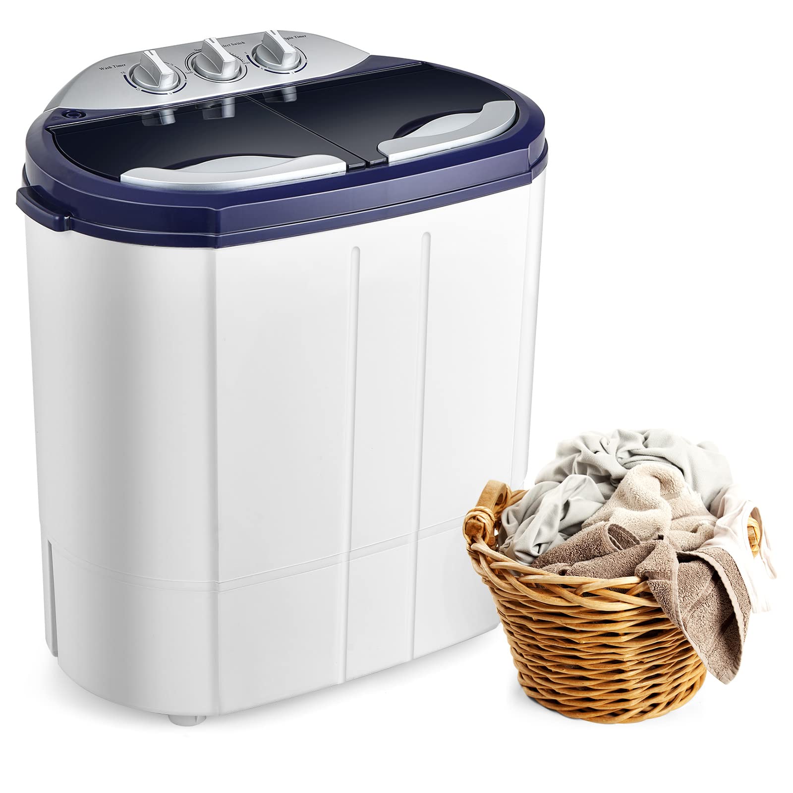 Tiktun Mini Compact Twin Tub Portable Washing Machine XPB30-1288SA - 10 lbs Capacity, White & Dark Blue - Ideal for Apartments, RVs, Camping & Small Spaces