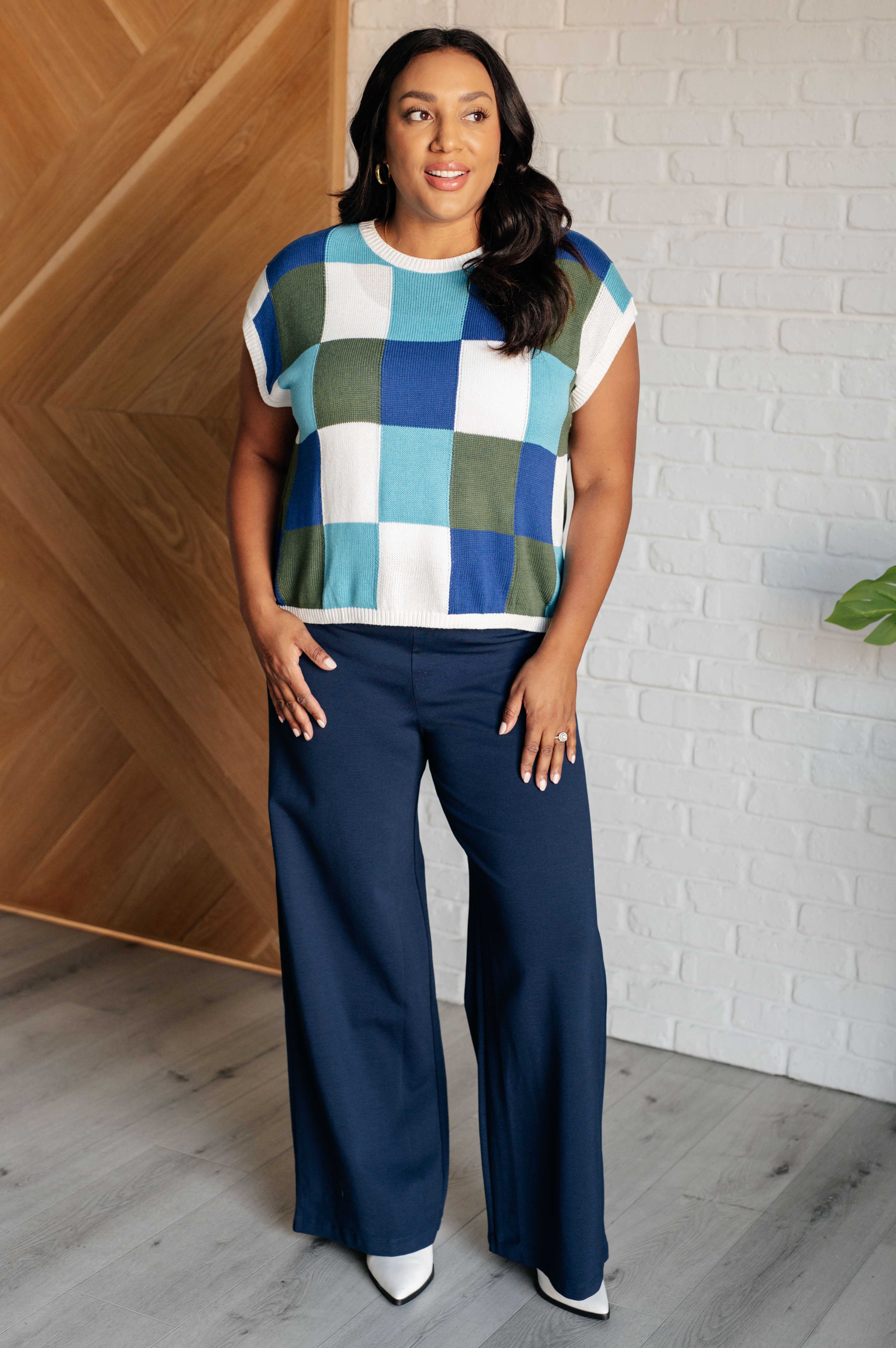 Women's Stretchy High Waist Wide Leg Pants - Navy Blue Comfortable Lounge & Work Pants for Casual Outfits & Office Wear