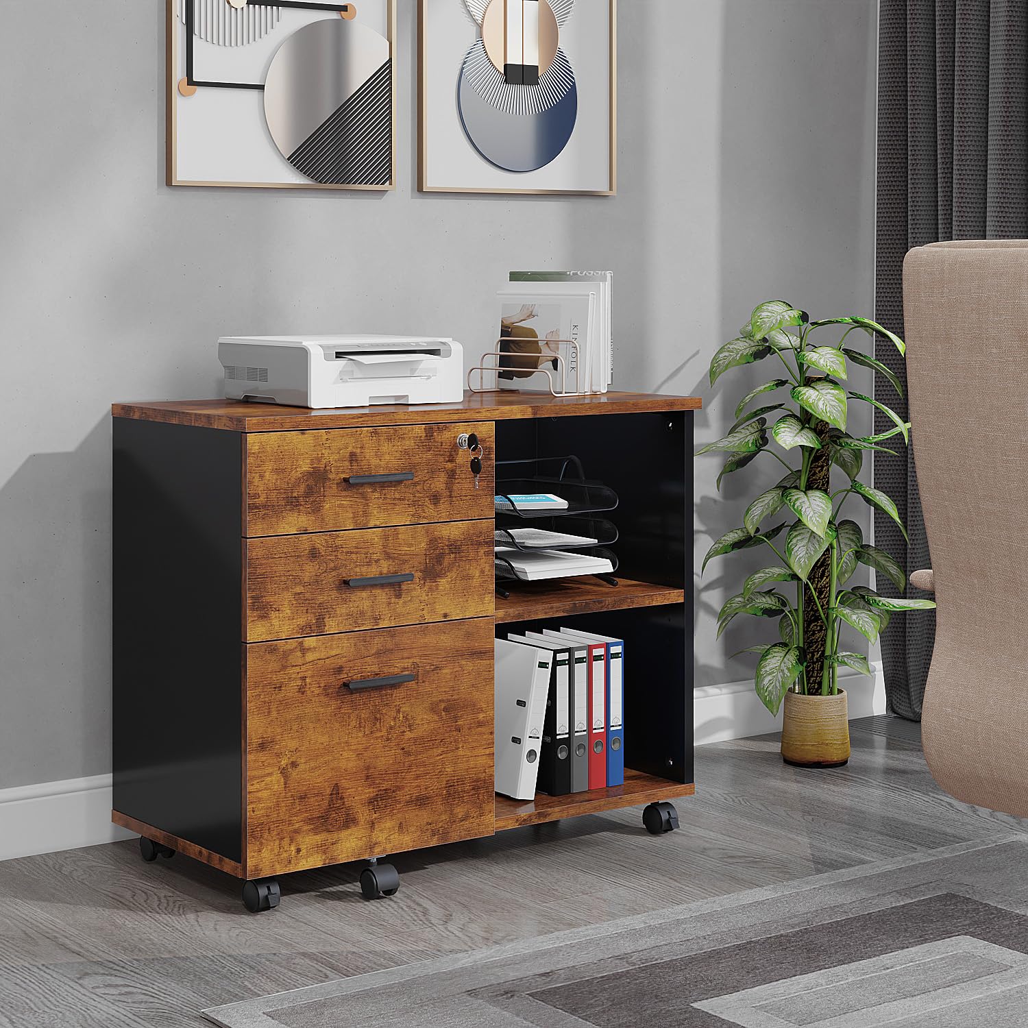 Wooden 3-Drawer Mobile Lateral File Cabinet with Wheels - Rolling Printer Stand with Open Storage Shelves for Home Office, Office Organization & Document Storage (Natural Wood Finish)