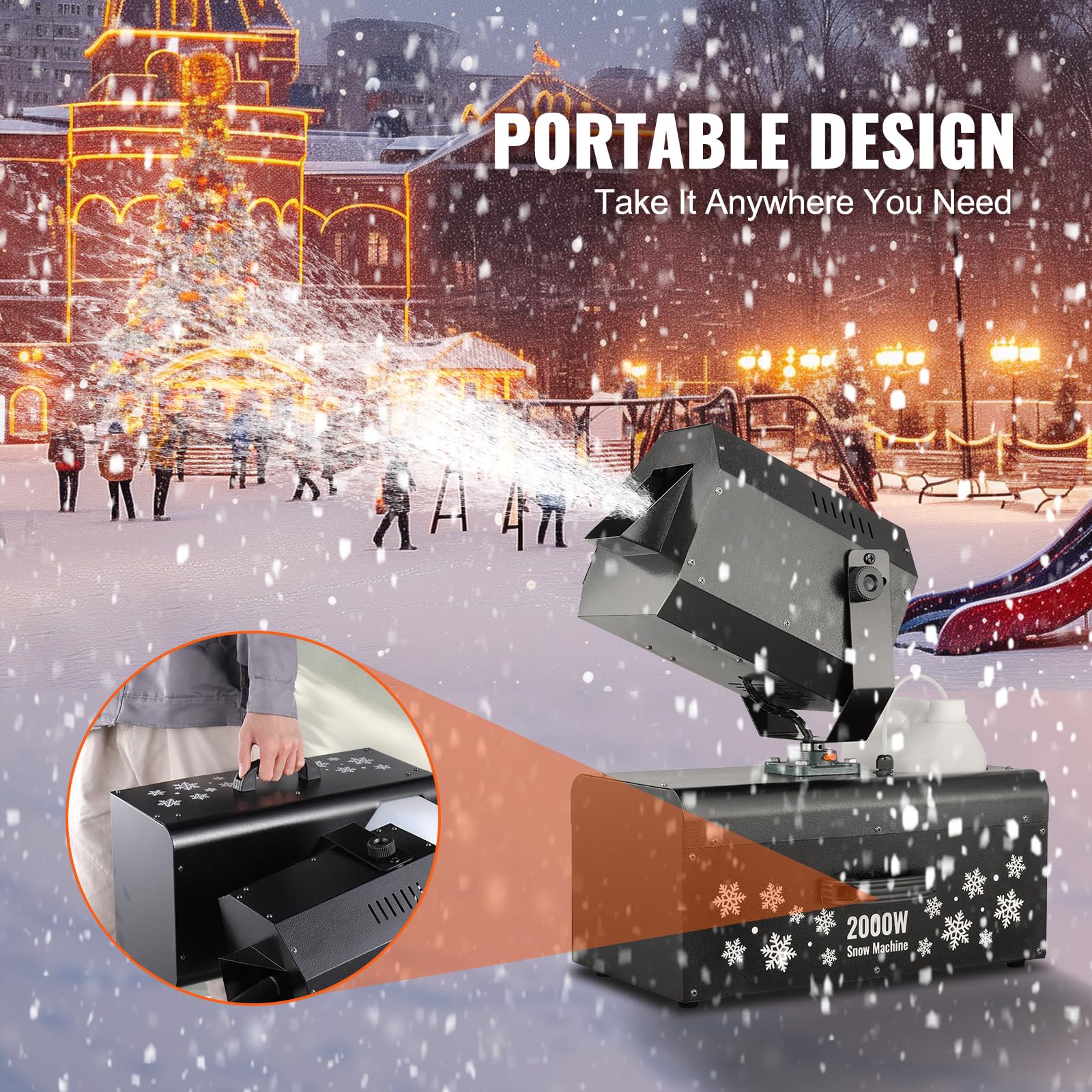 VEVOR 2000W High Output Snow Machine with 70㎡ Wide Coverage & Dual Remote Control - 90° Adjustable Shaking Head for Christmas Parties, Weddings, Stage Effects, and Winter Events