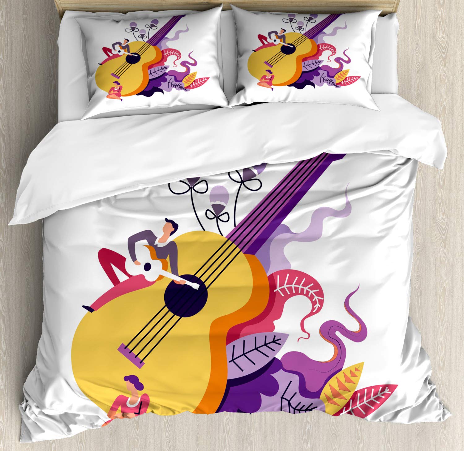 Ambesonne Music Themed Duvet Cover Set - Guitarist Performance Design with Floral Accents, 3-Piece Queen Size Bedding Set Includes 2 Pillow Shams (Mustard & Multicolor) - Perfect for Music Lovers' Bedroom Decor & Gift Ideas
