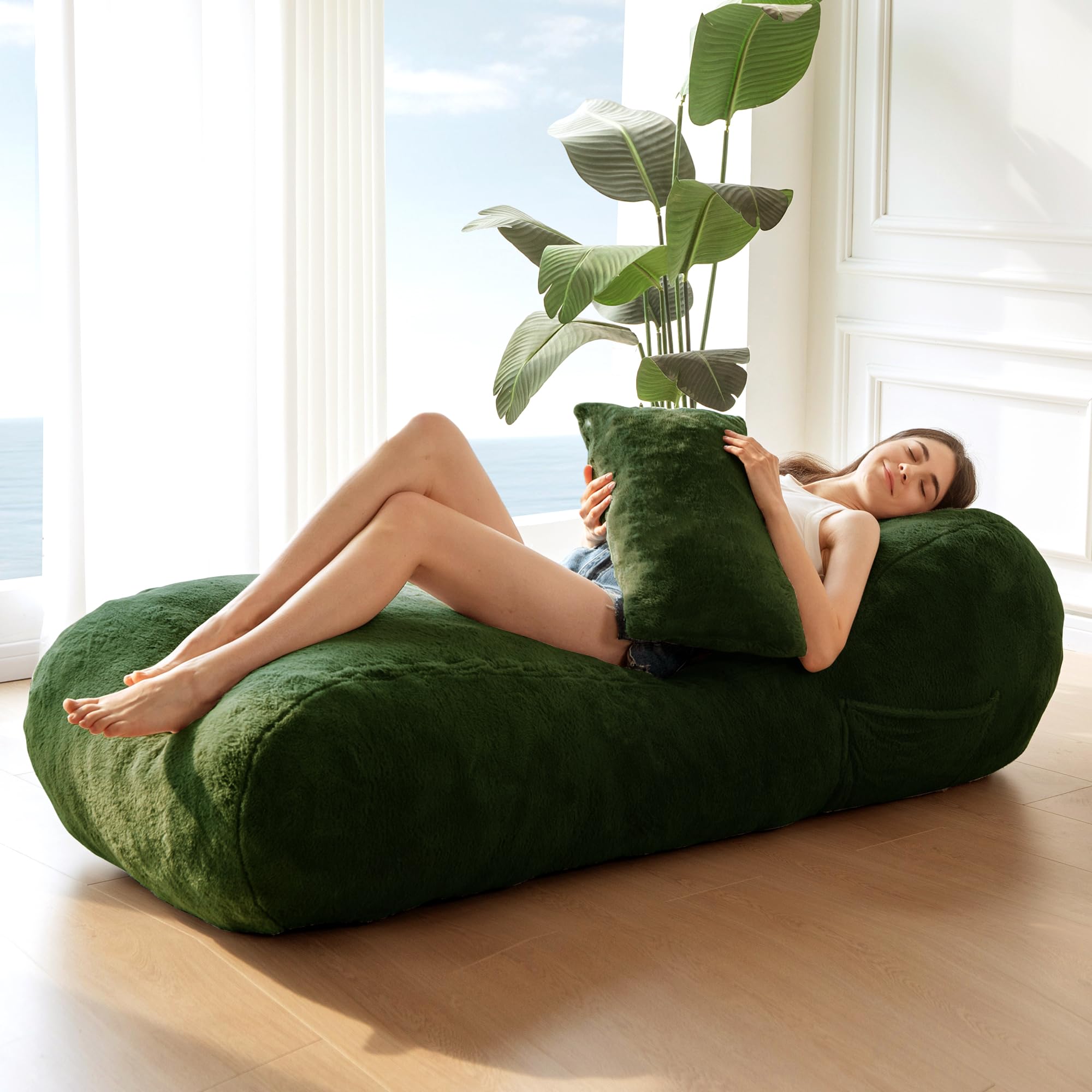 MAXYOYO Green Bean Bag Bed with Pillow - Oversized Chaise Lounge Chair for Indoor Use | Perfect for Living Room, Bedroom & Game Room Relaxation